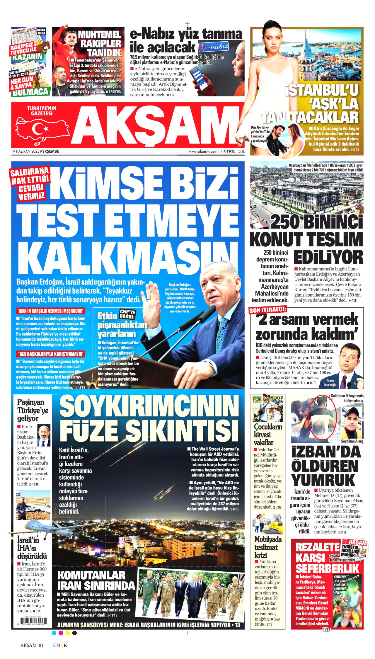 AKŞAM gazetesinin 19 Haziran 2025 tarihli birinci sayfası