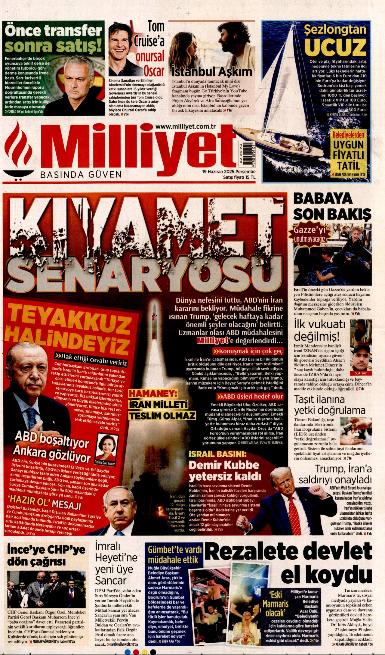 MİLLİYET gazetesinin 19 Haziran 2025 tarihli birinci sayfası