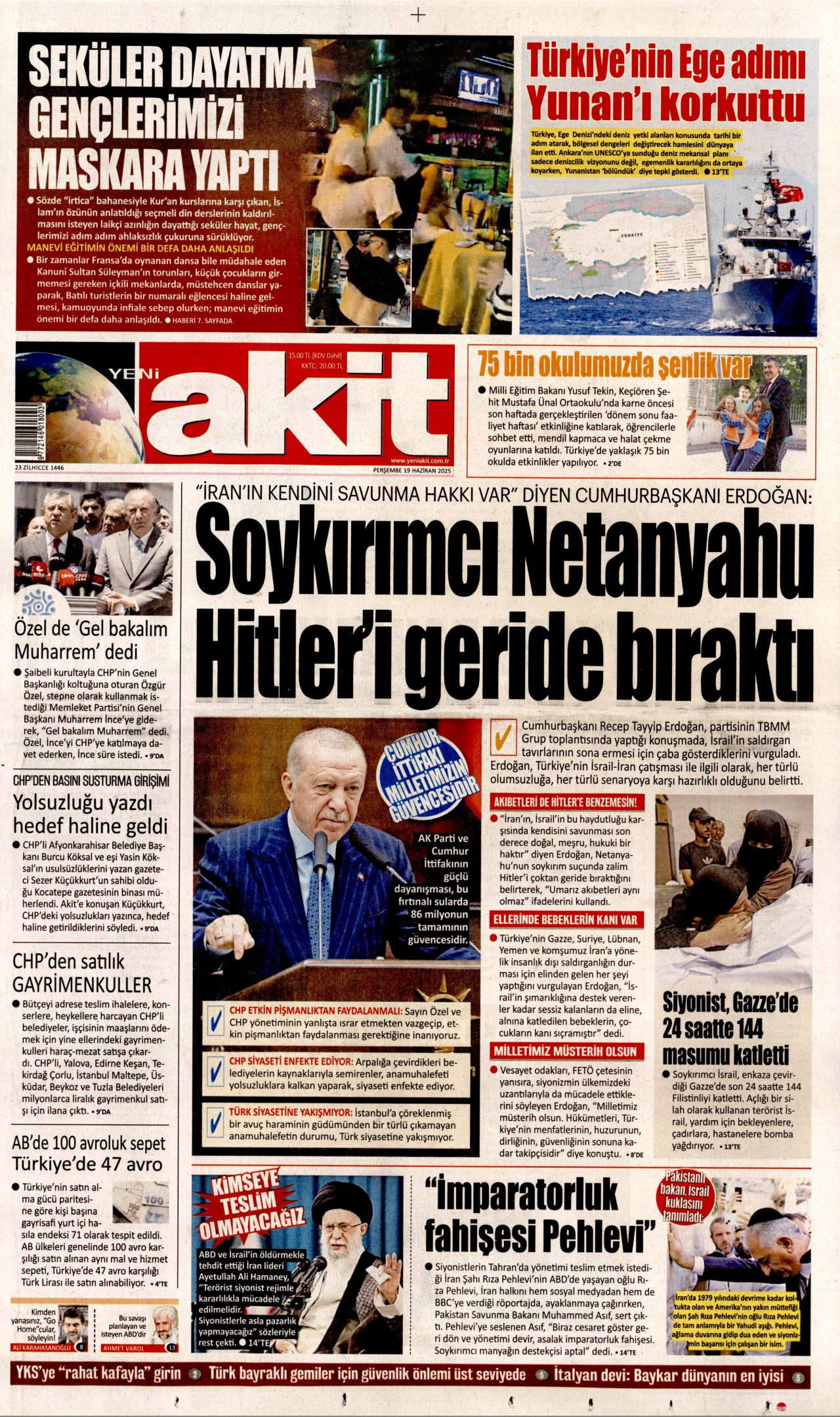 YENİ AKİT gazetesinin 19 Haziran 2025 tarihli birinci sayfası