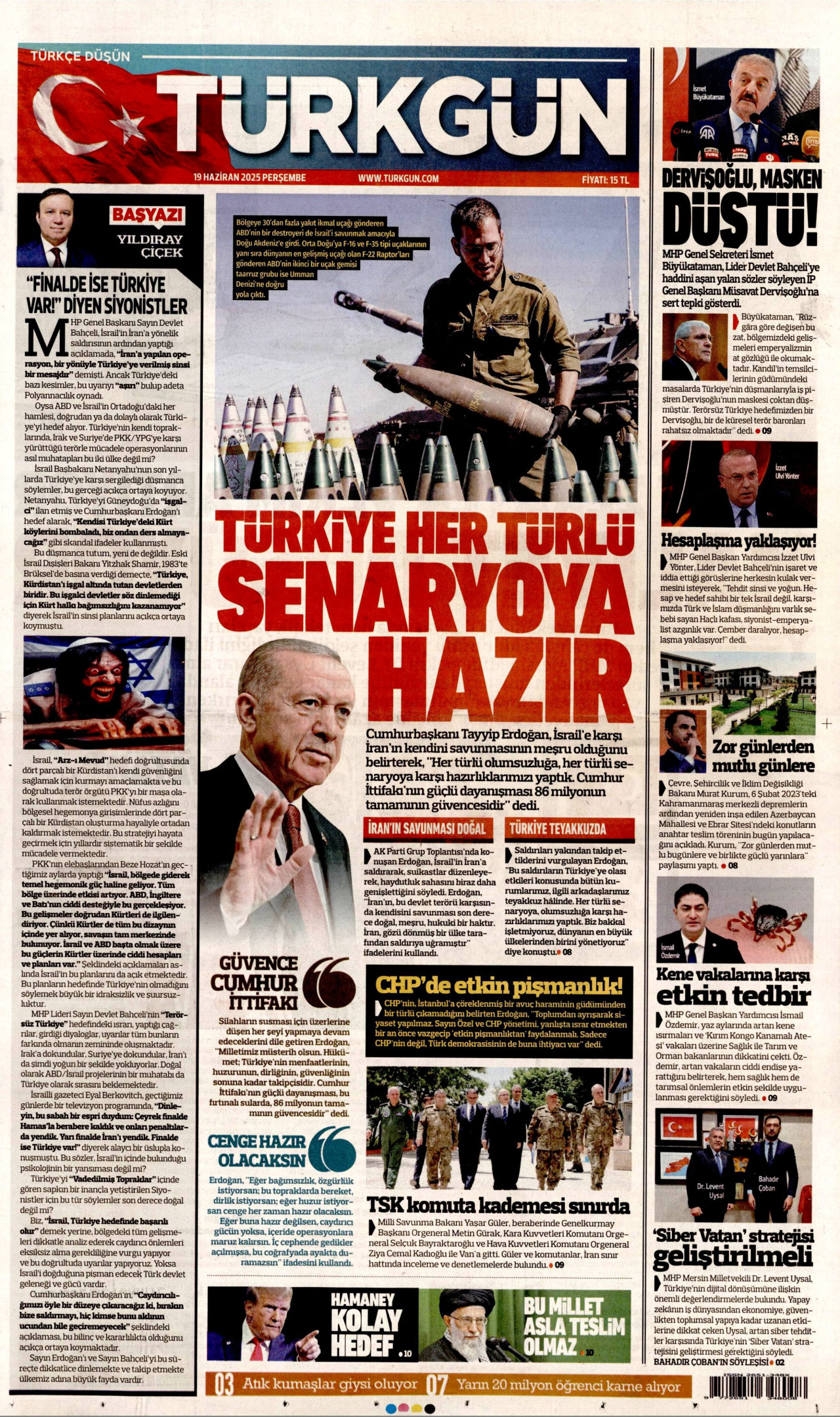 TÜRKGÜN gazetesinin 19 Haziran 2025 tarihli birinci sayfası