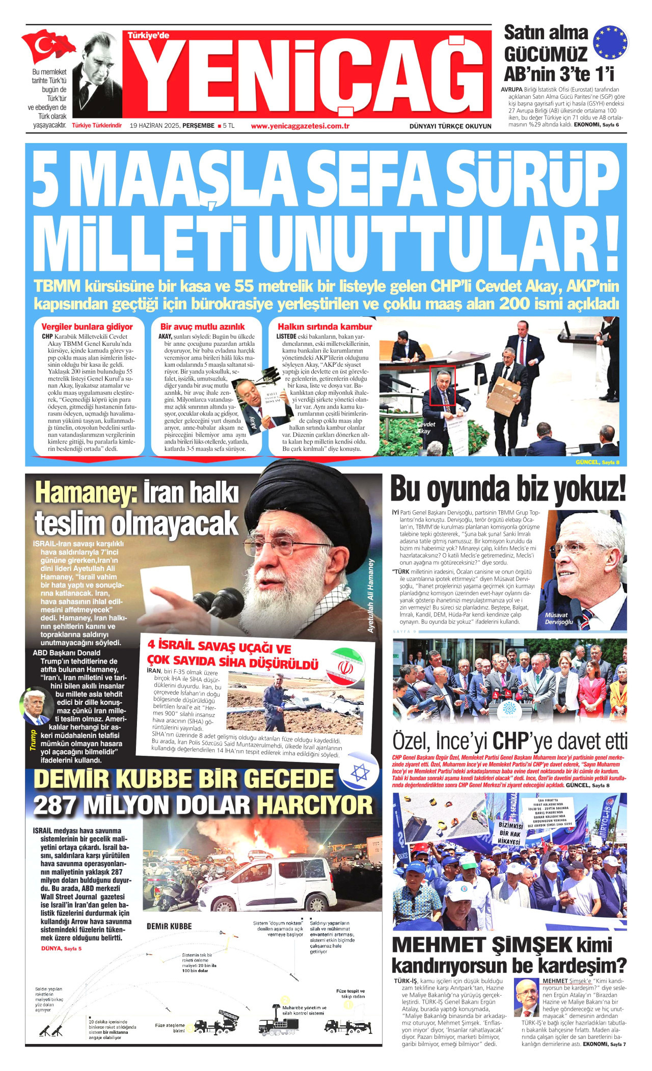 YENİÇAĞ gazetesinin 19 Haziran 2025 tarihli birinci sayfası
