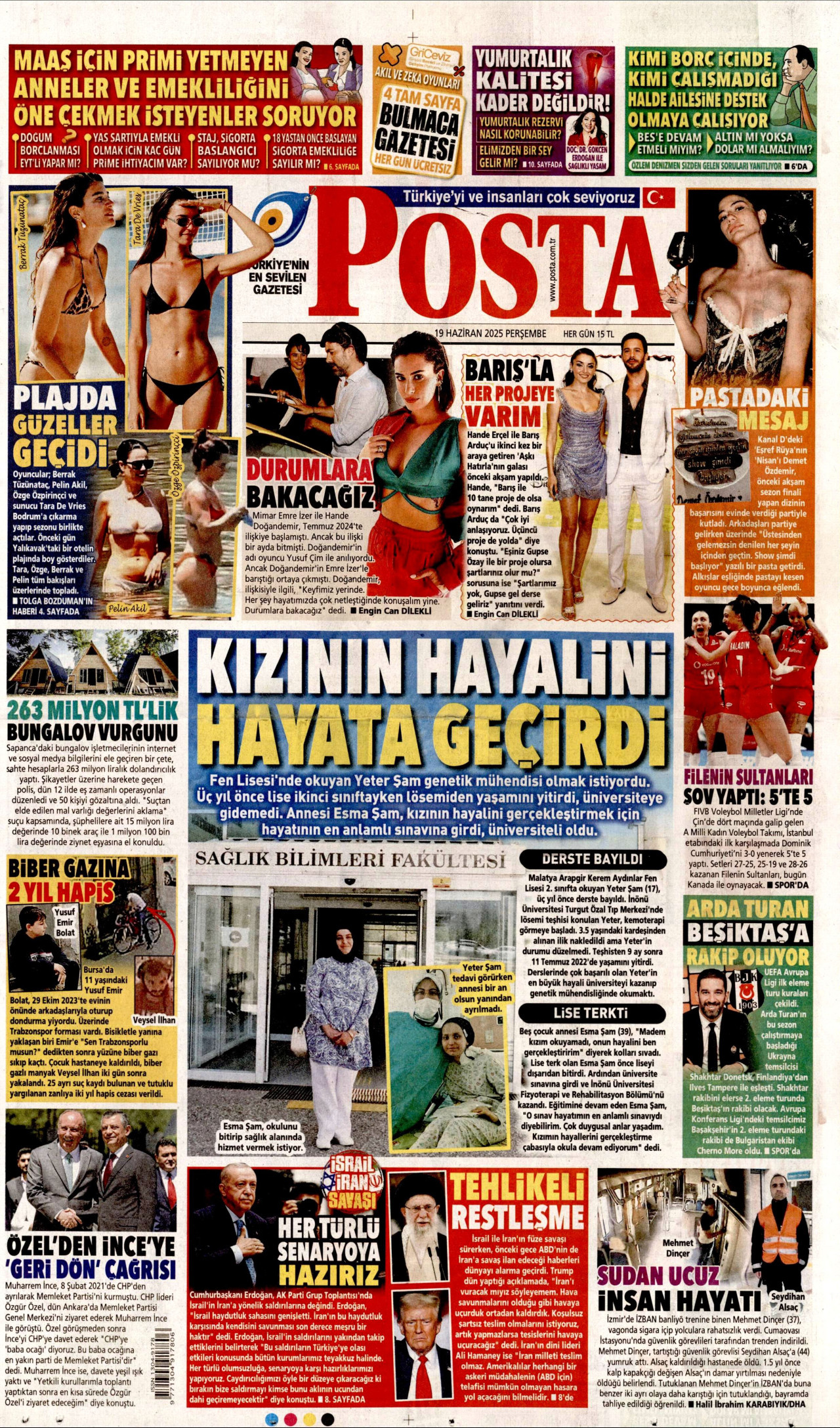 POSTA gazetesinin 19 Haziran 2025 tarihli birinci sayfası