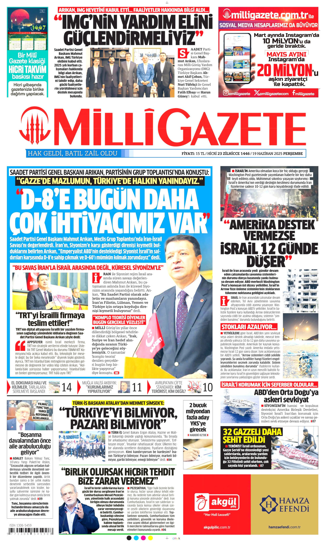 MİLLİ GAZETE gazetesinin 19 Haziran 2025 tarihli birinci sayfası
