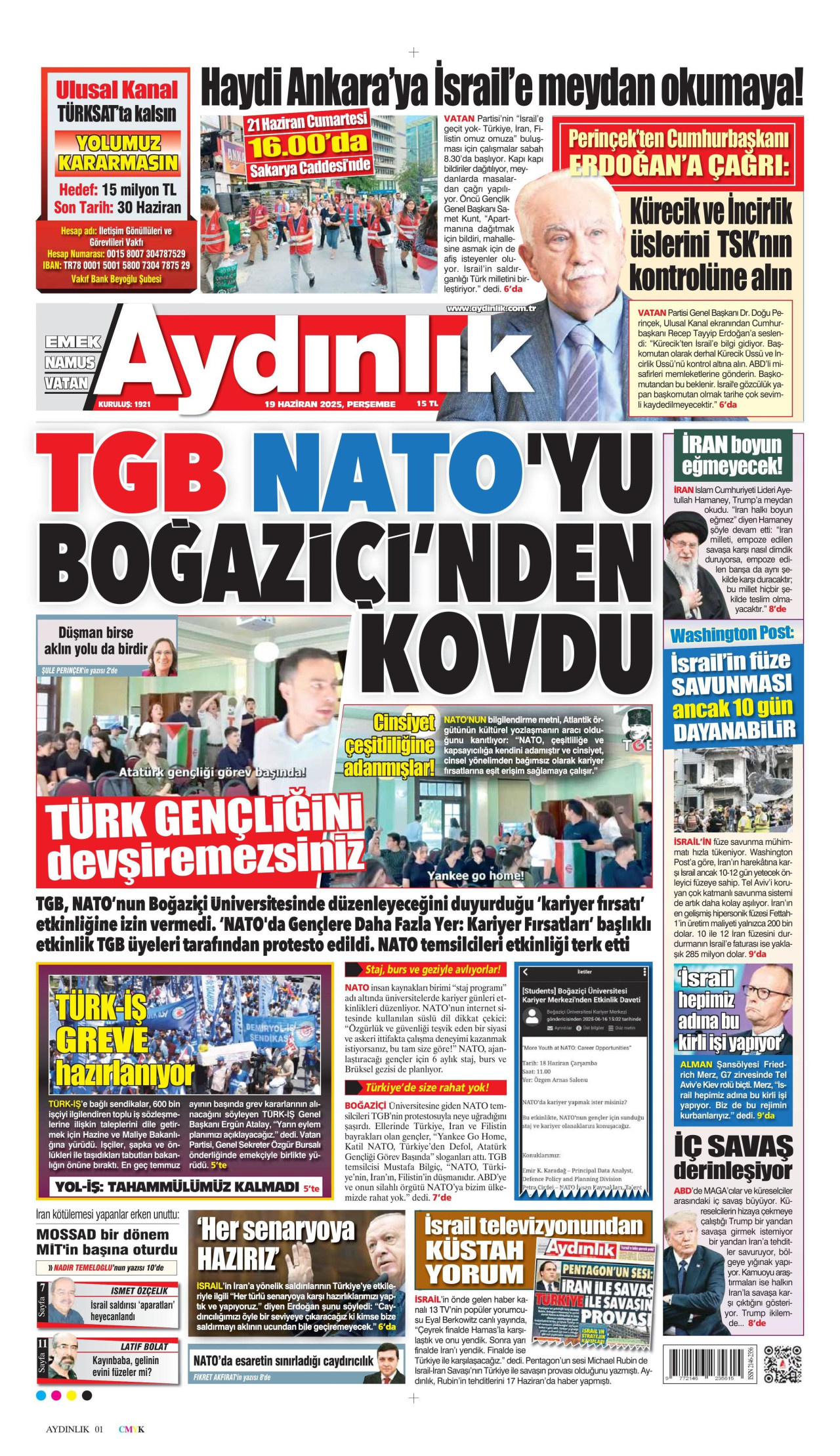 AYDINLIK GAZETESİ gazetesinin 19 Haziran 2025 tarihli birinci sayfası