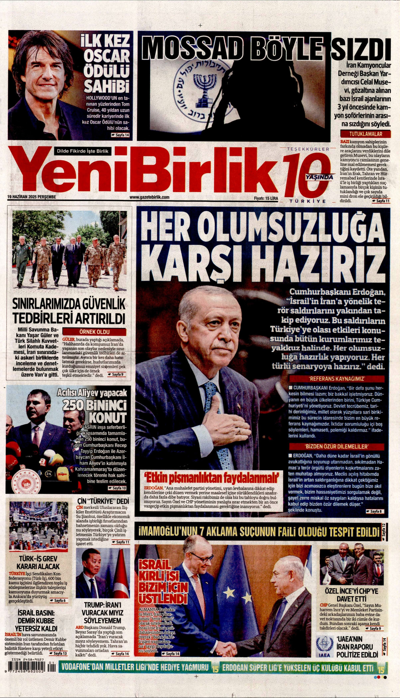 YENİBİRLİK gazetesinin 19 Haziran 2025 tarihli birinci sayfası