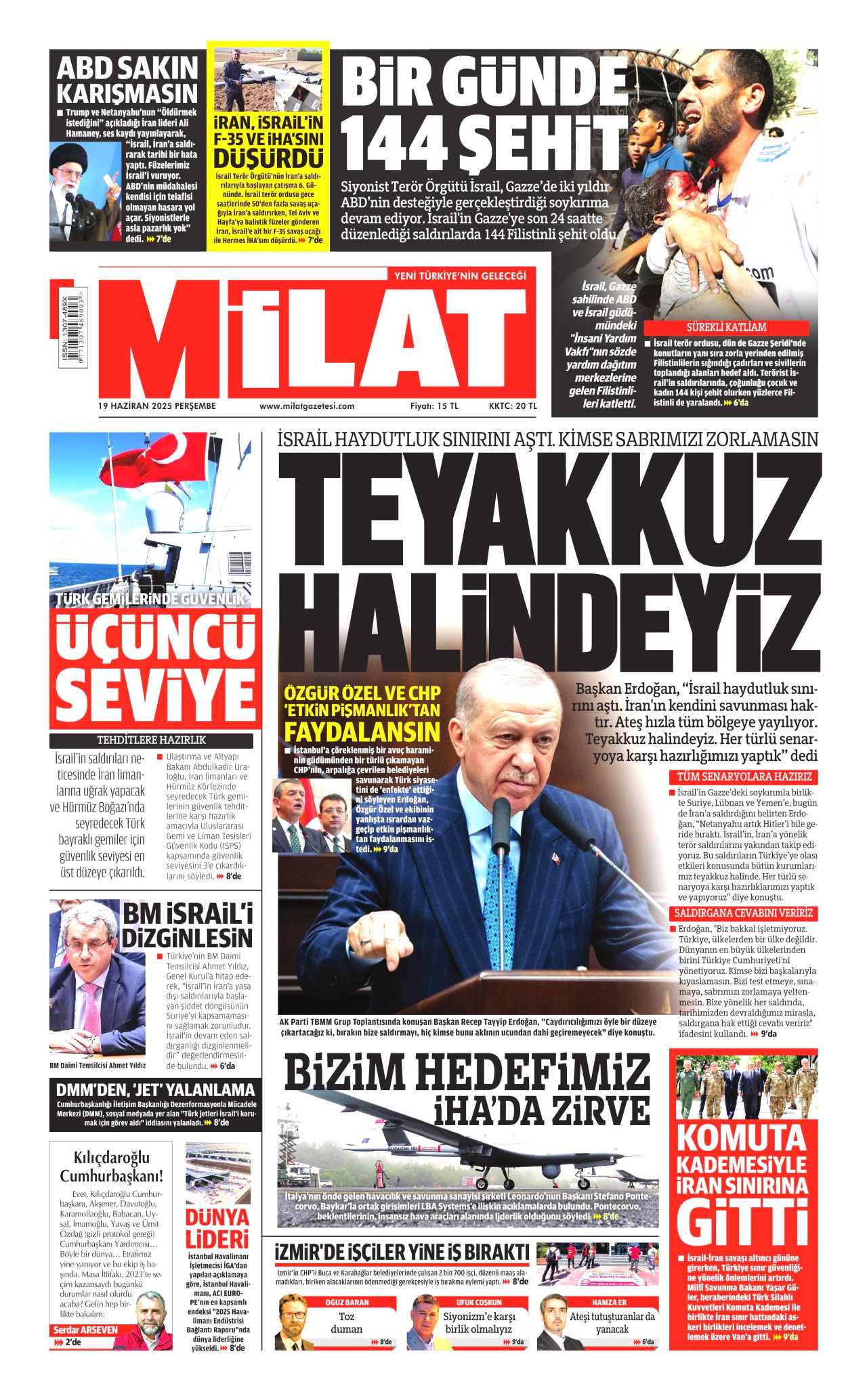 MİLAT gazetesinin 19 Haziran 2025 tarihli birinci sayfası
