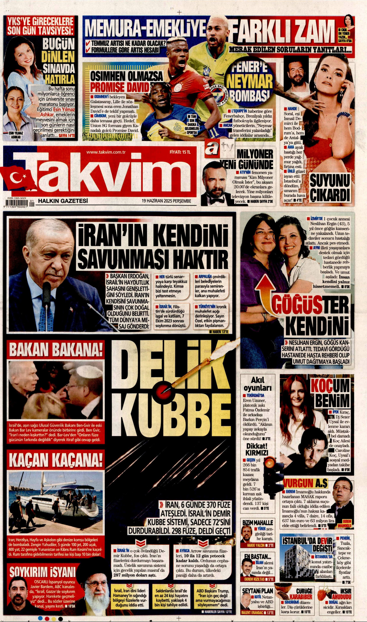TAKVİM gazetesinin 19 Haziran 2025 tarihli birinci sayfası