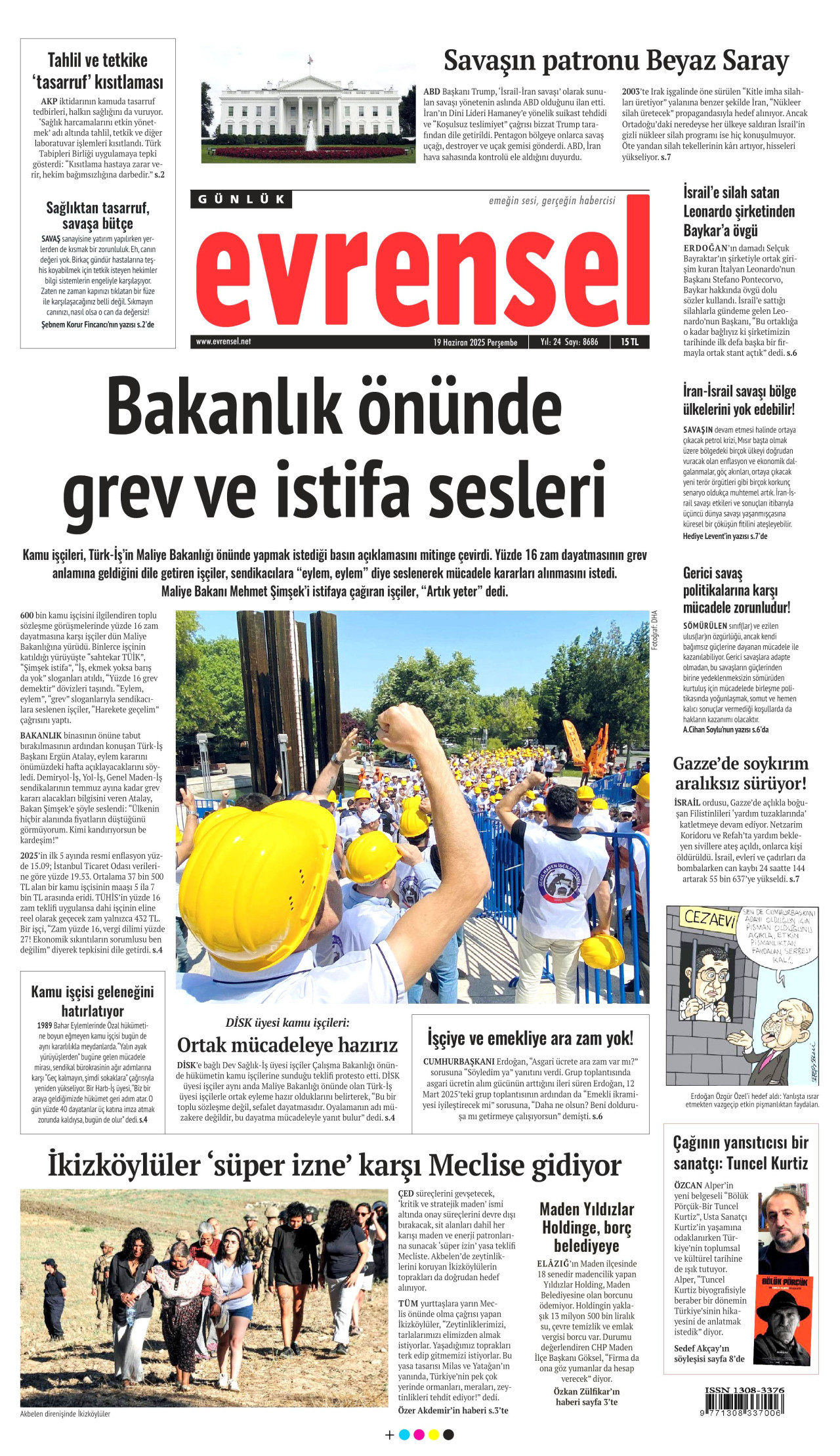 EVRENSEL gazetesinin 19 Haziran 2025 tarihli birinci sayfası