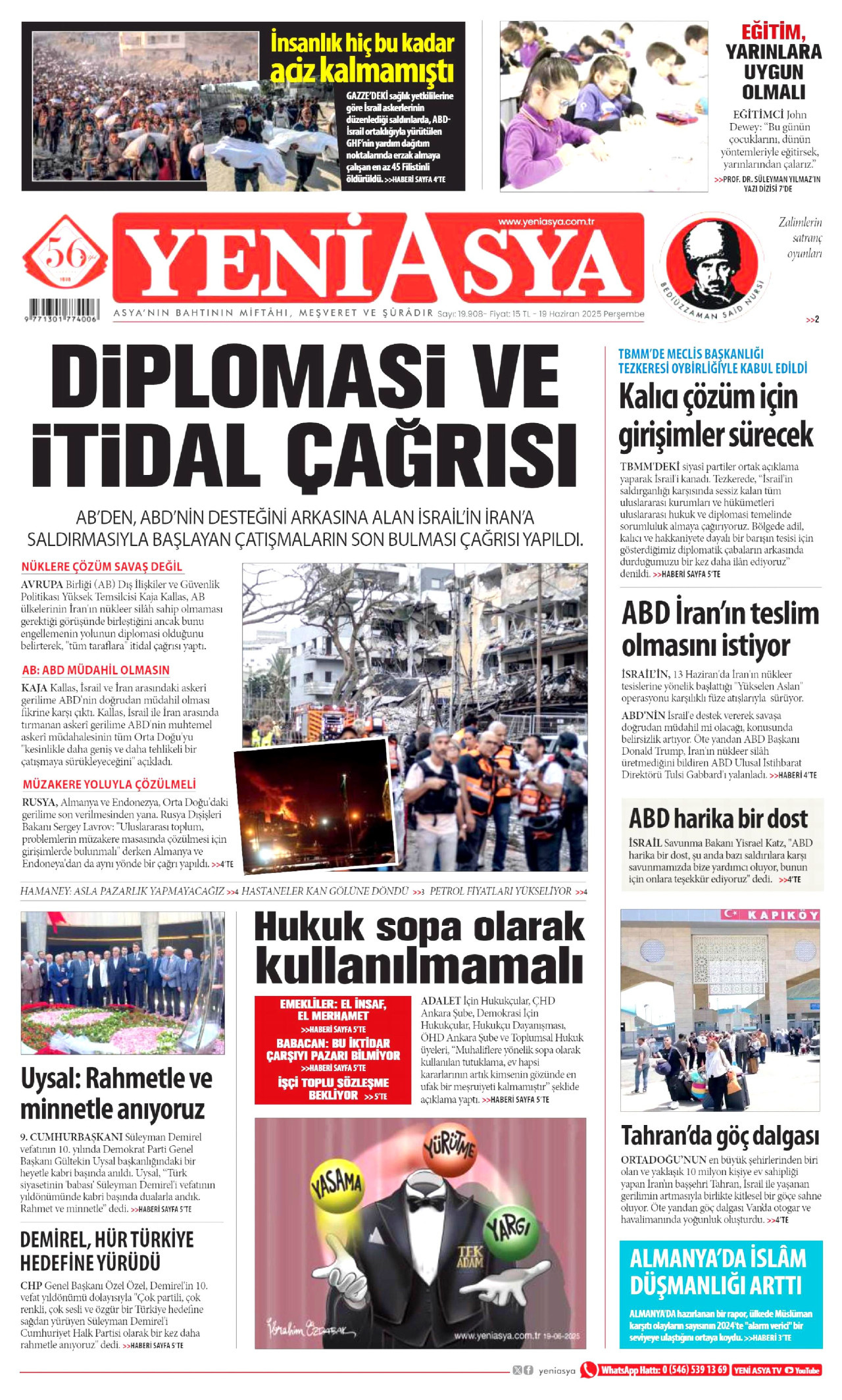 YENİ ASYA gazetesinin 19 Haziran 2025 tarihli birinci sayfası
