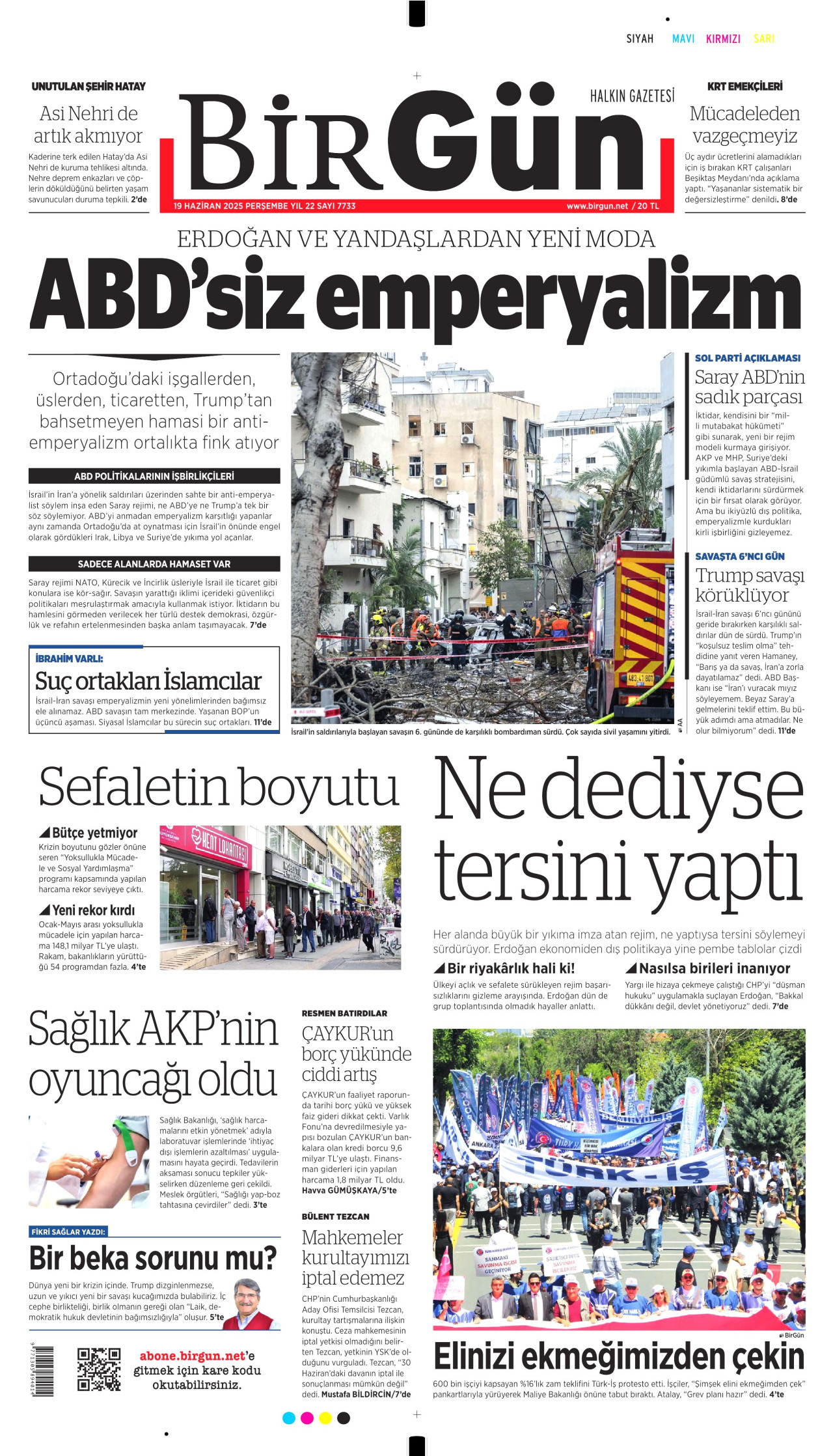 BİRGÜN gazetesinin 19 Haziran 2025 tarihli birinci sayfası