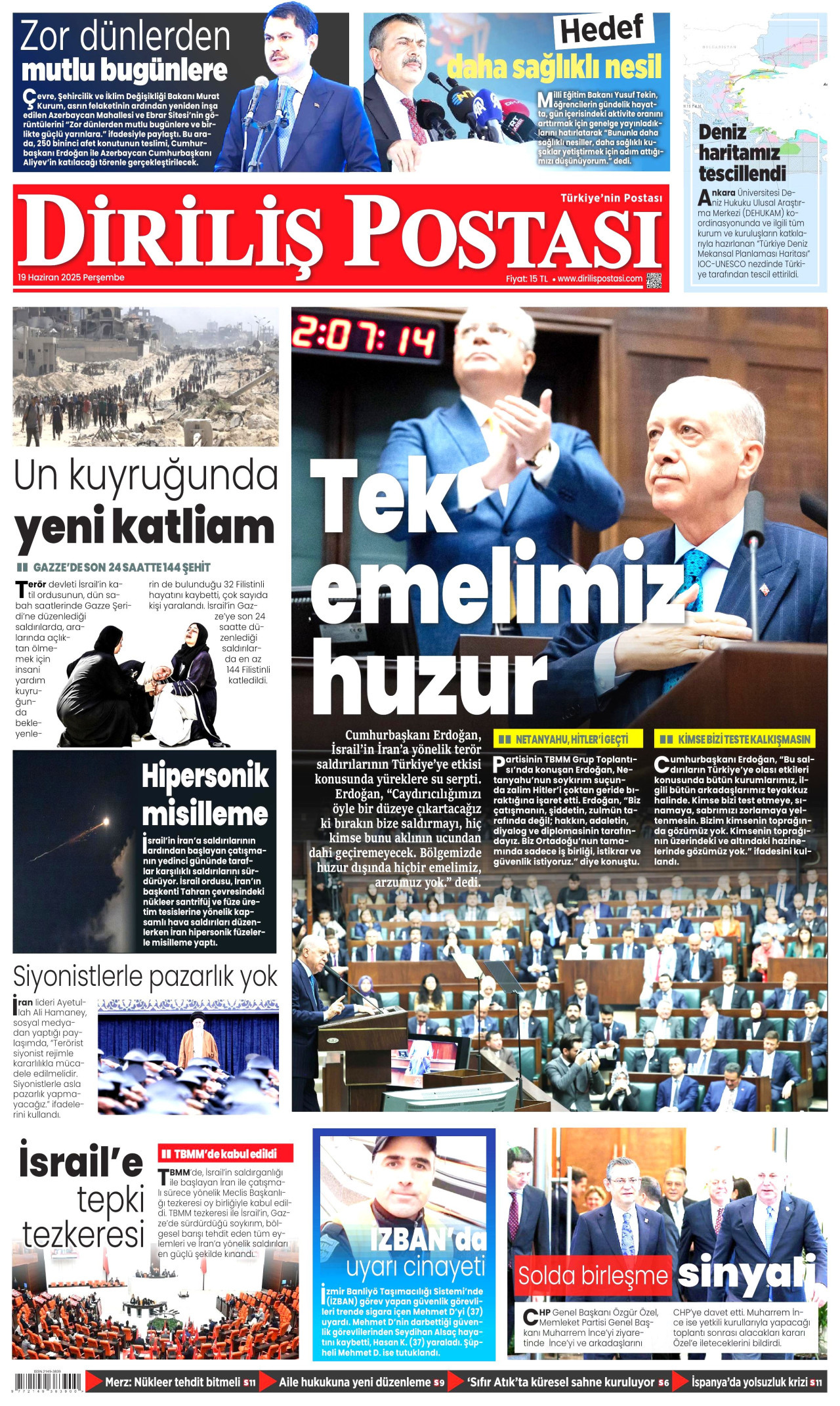 DİRİLİŞ POSTASI gazetesinin 19 Haziran 2025 tarihli birinci sayfası
