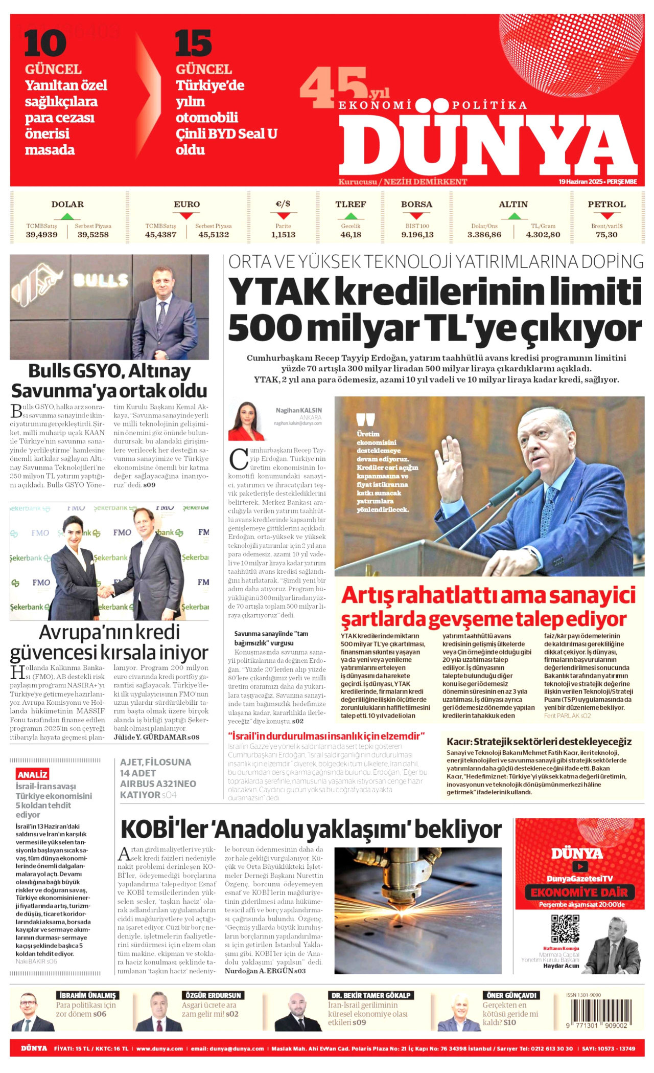 DÜNYA gazetesinin 19 Haziran 2025 tarihli birinci sayfası