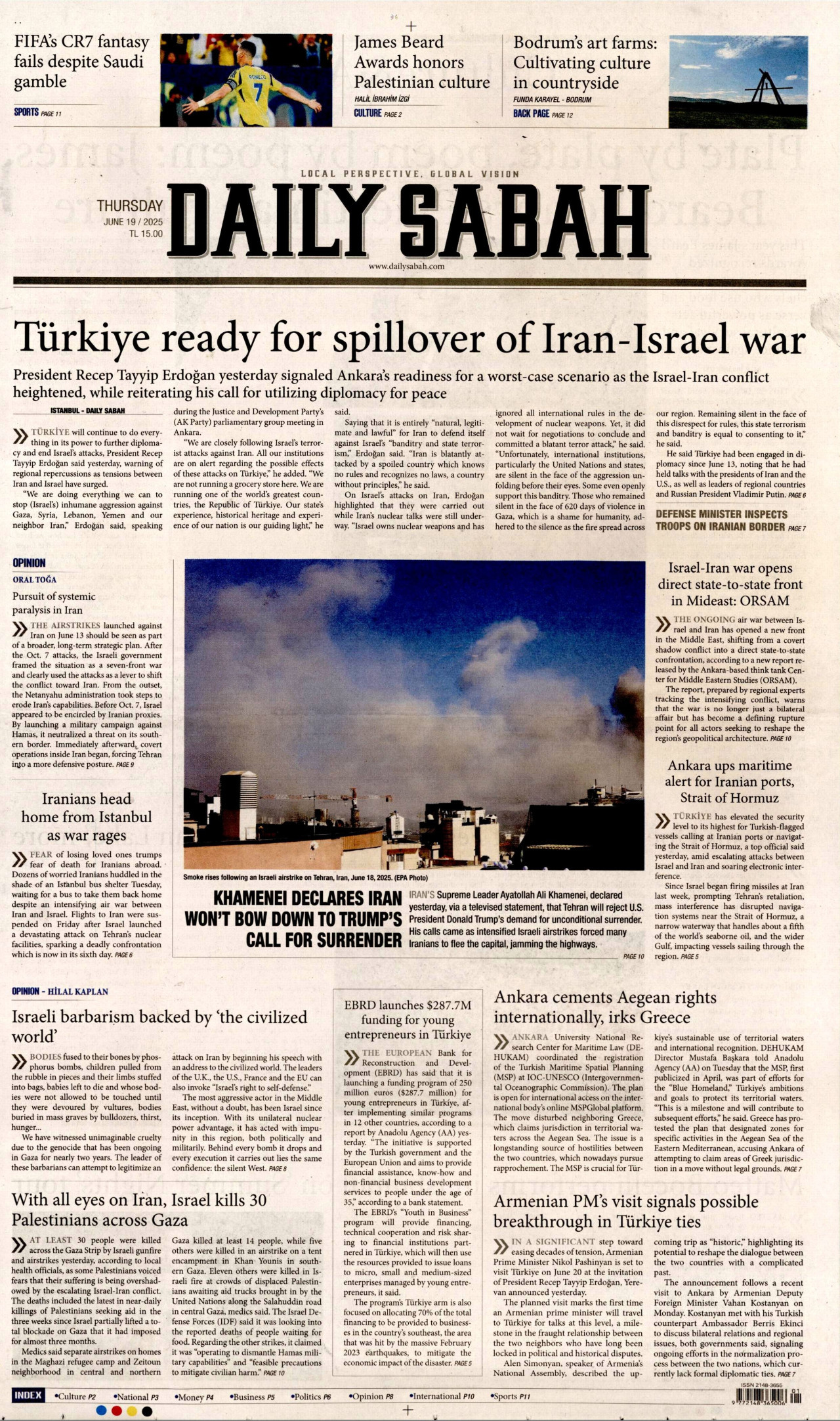 DAİLY SABAH gazetesinin 19 Haziran 2025 tarihli birinci sayfası