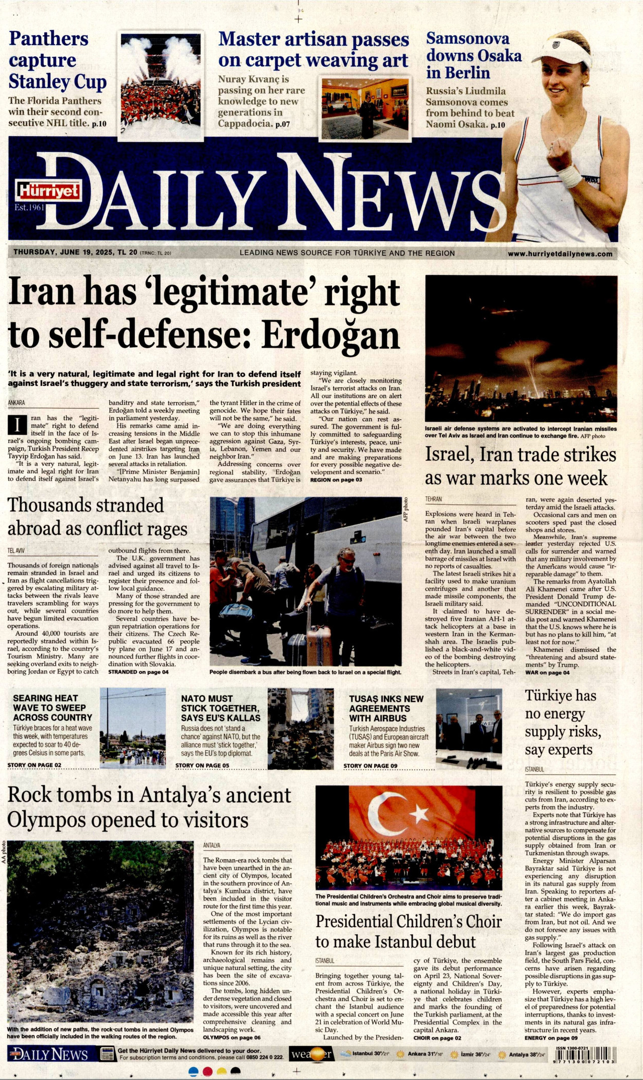 HÜRRİYET DAİLY NEWS gazetesinin 19 Haziran 2025 tarihli birinci sayfası