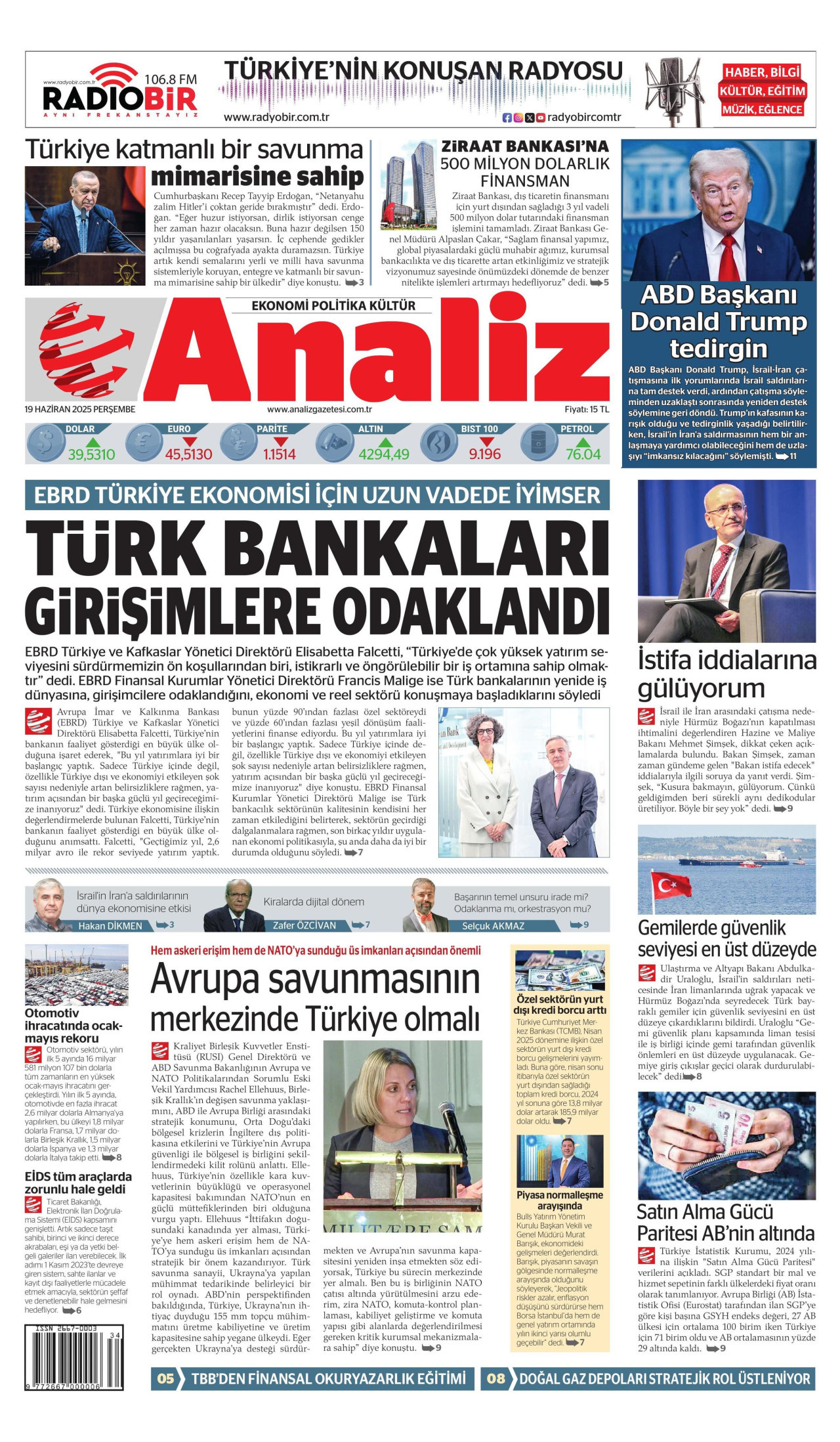 ANALİZ gazetesinin 19 Haziran 2025 tarihli birinci sayfası