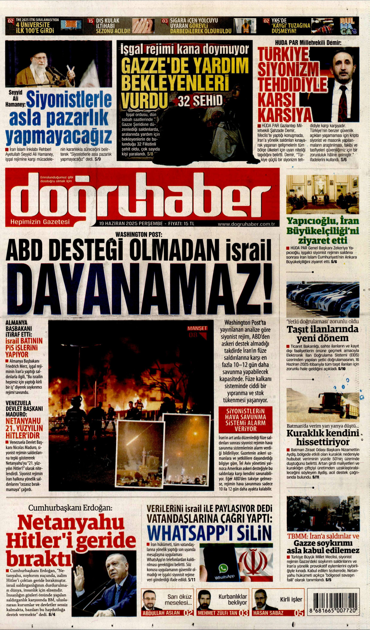 DOĞRU HABER gazetesinin 19 Haziran 2025 tarihli birinci sayfası