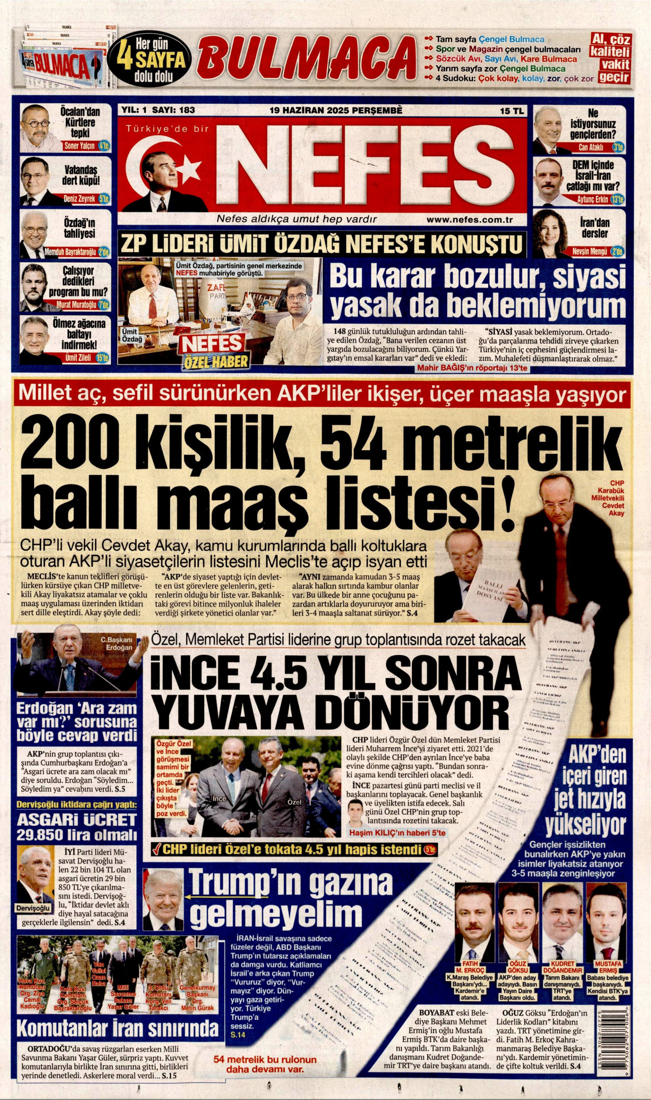 NEFES gazetesinin 19 Haziran 2025 tarihli birinci sayfası