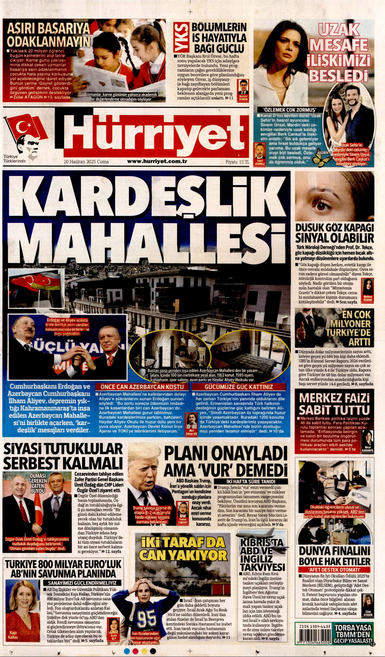 HÜRRİYET gazetesinin 20 Haziran 2025 tarihli birinci sayfası