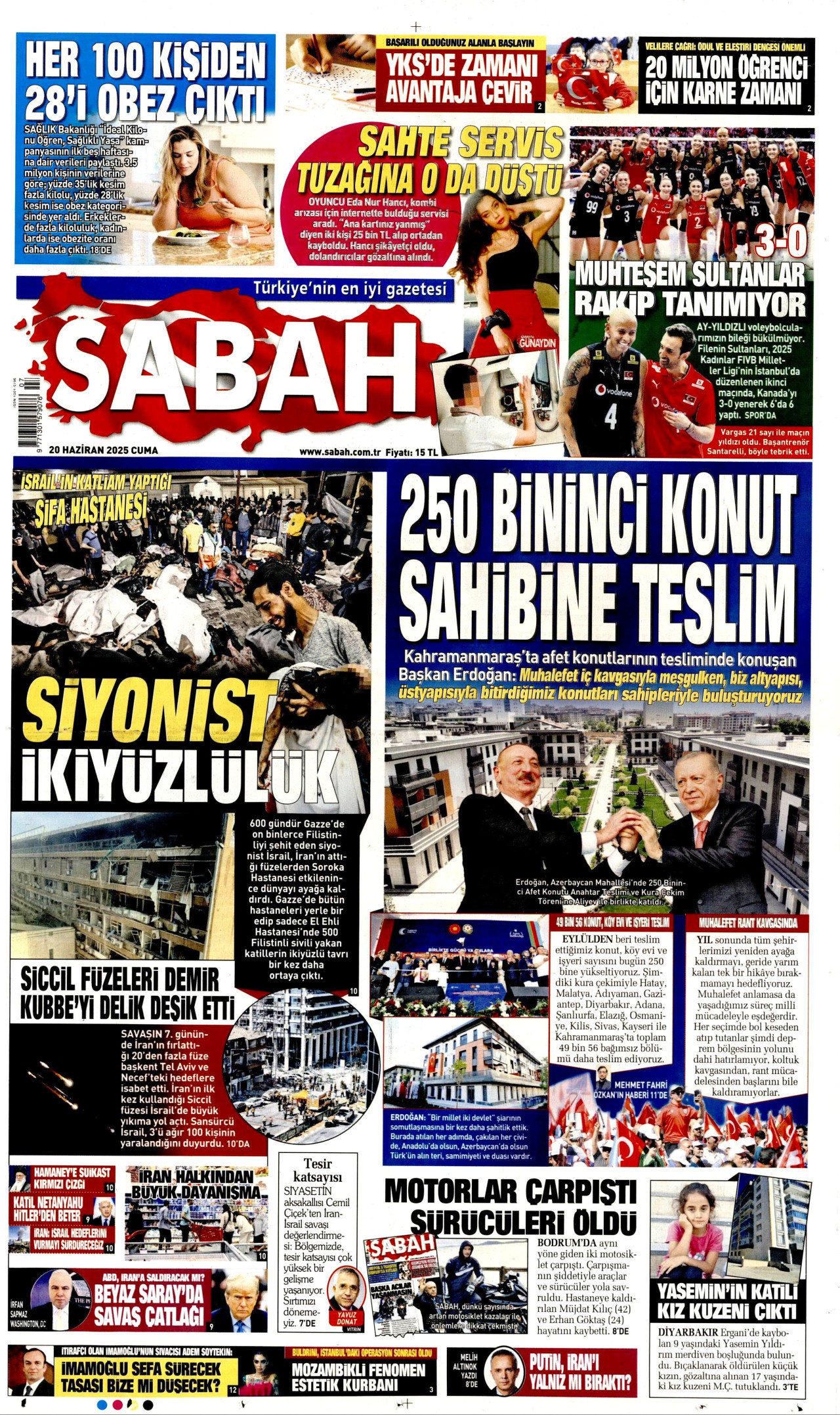 SABAH gazetesinin 20 Haziran 2025 tarihli birinci sayfası