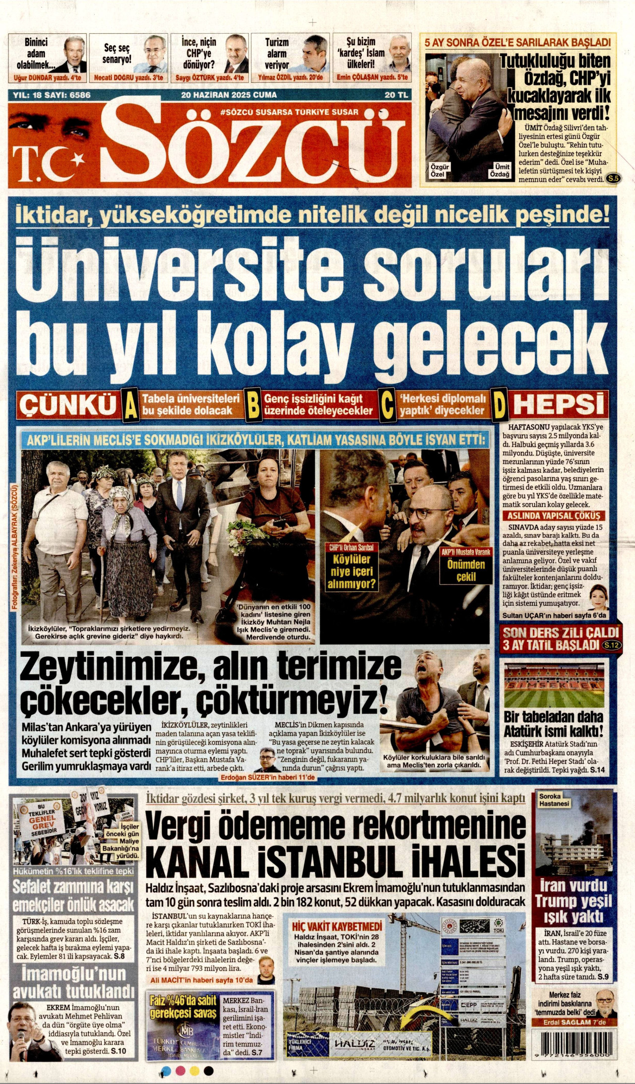 SÖZCÜ gazetesinin 20 Haziran 2025 tarihli birinci sayfası