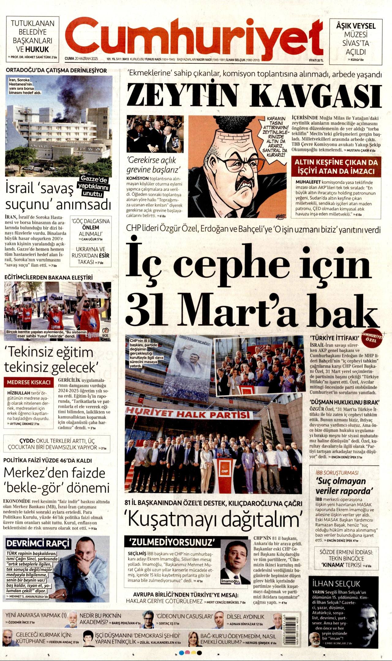 CUMHURİYET gazetesinin 20 Haziran 2025 tarihli birinci sayfası
