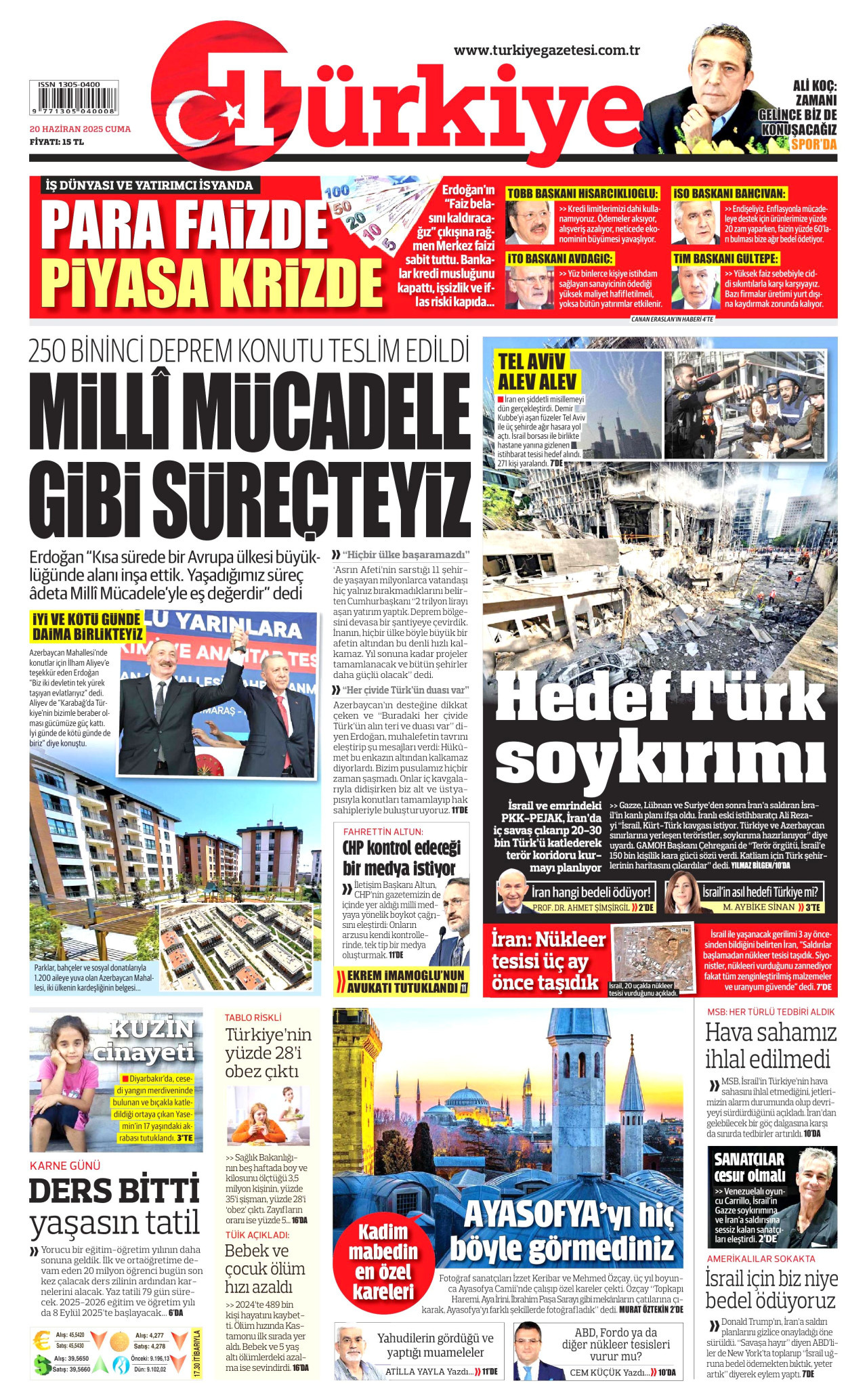 TÜRKİYE GAZETESİ gazetesinin 20 Haziran 2025 tarihli birinci sayfası