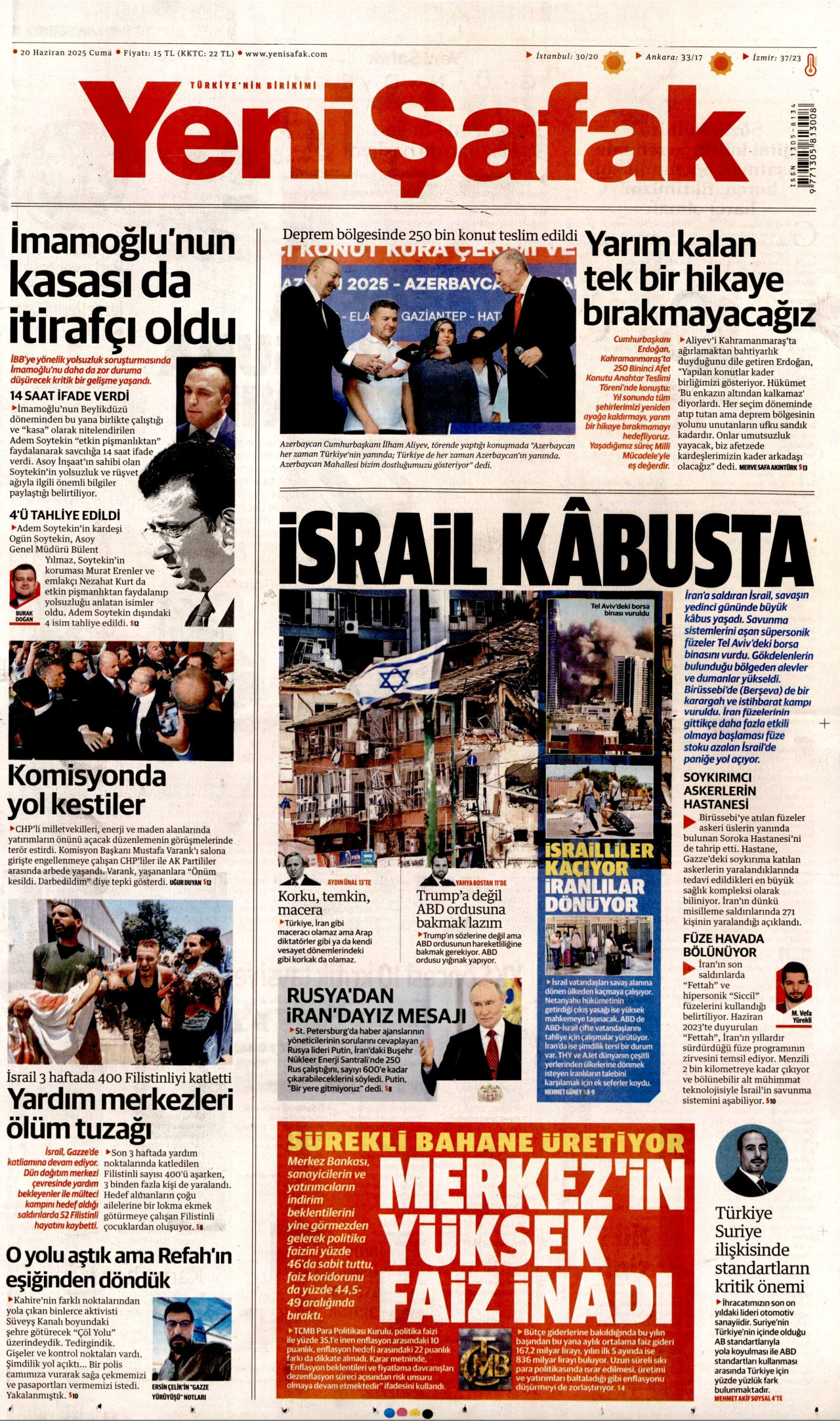 YENİ ŞAFAK gazetesinin 20 Haziran 2025 tarihli birinci sayfası