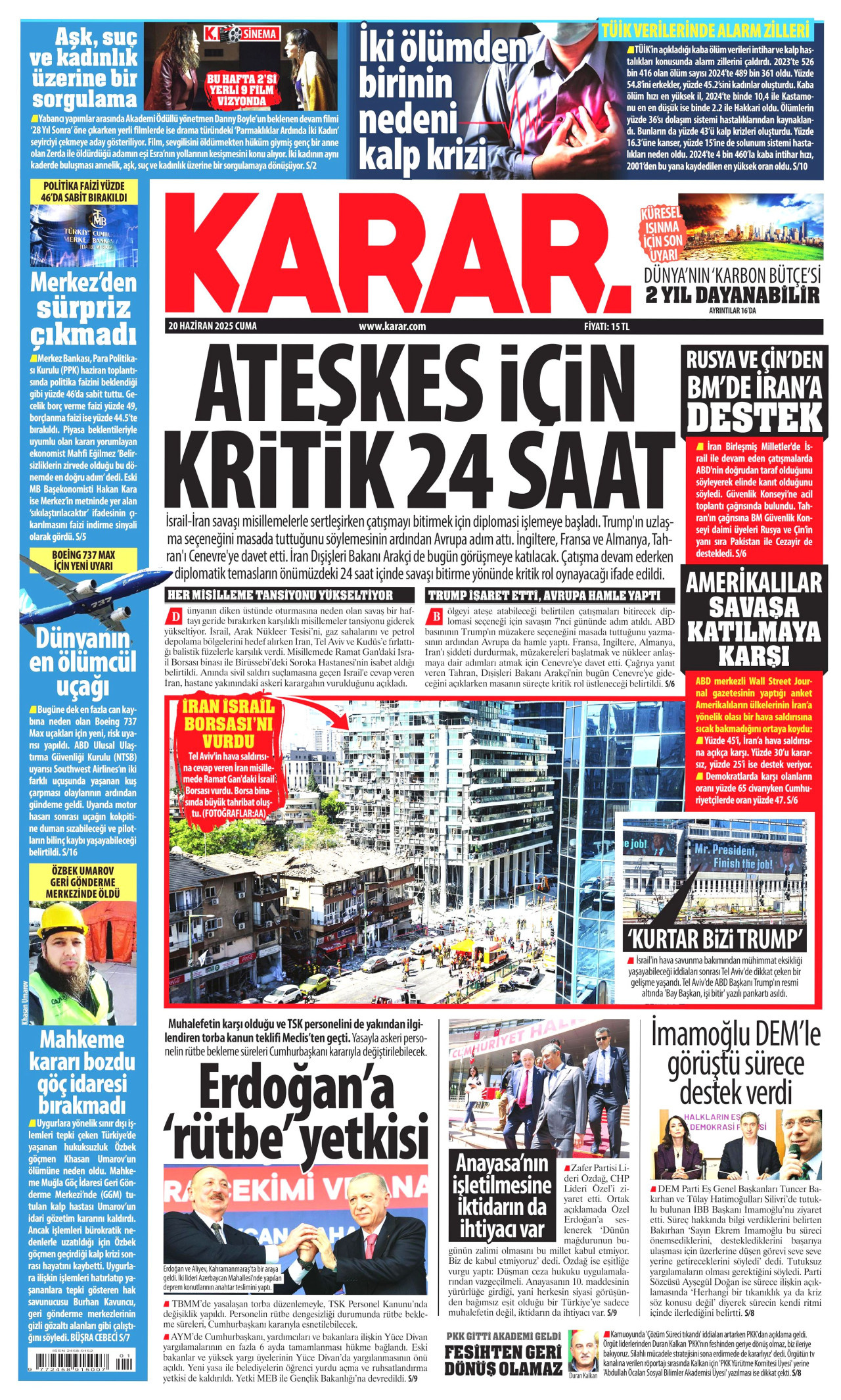 KARAR gazetesinin 20 Haziran 2025 tarihli birinci sayfası