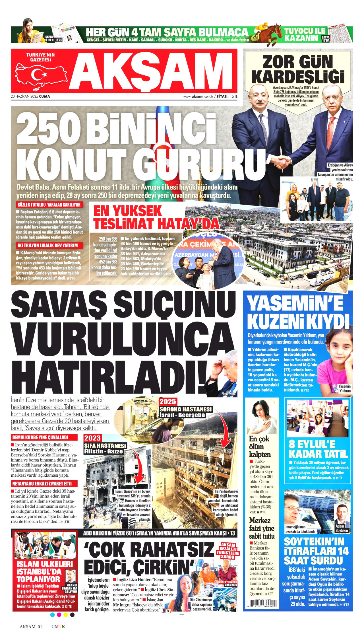 AKŞAM gazetesinin 20 Haziran 2025 tarihli birinci sayfası