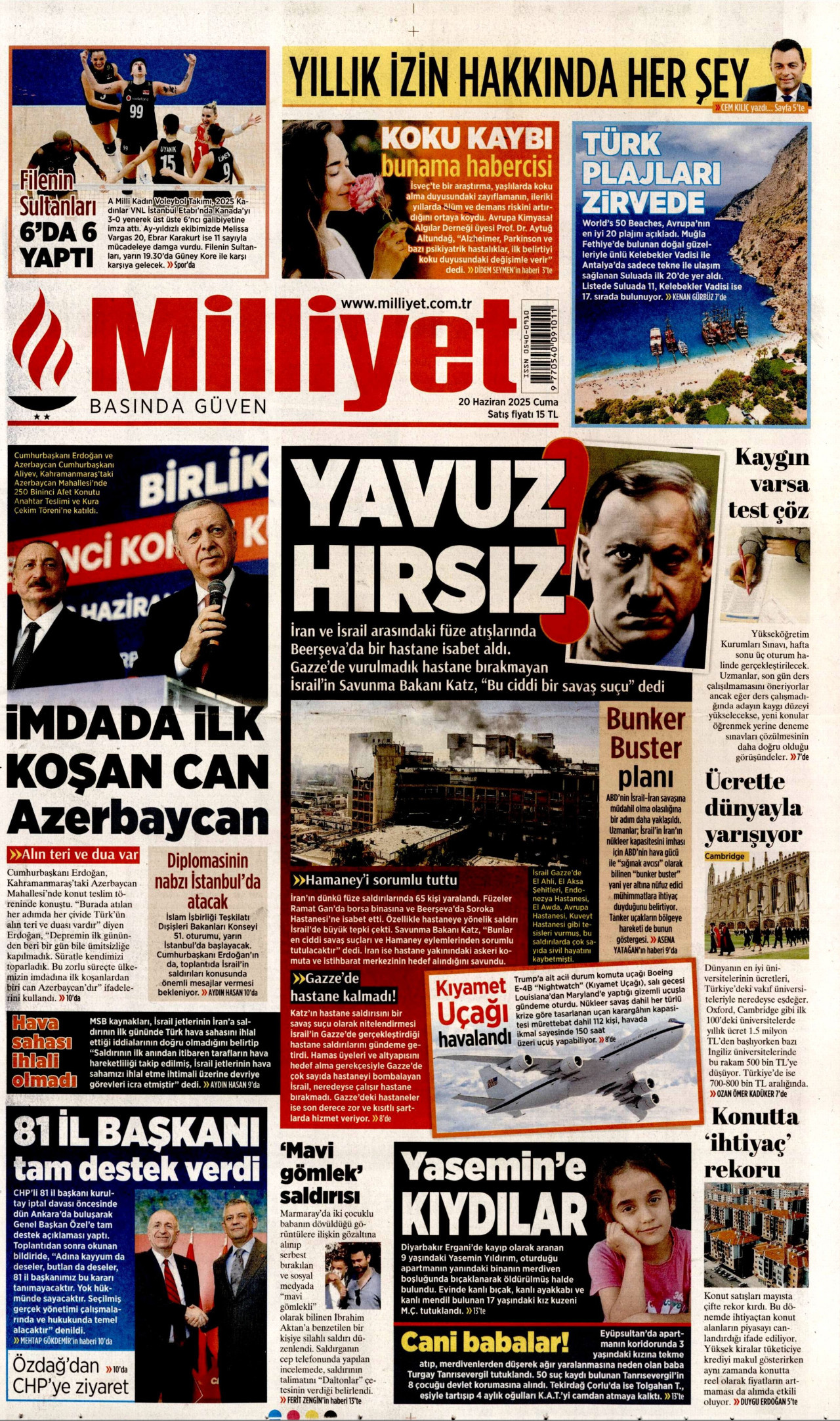 MİLLİYET gazetesinin 20 Haziran 2025 tarihli birinci sayfası