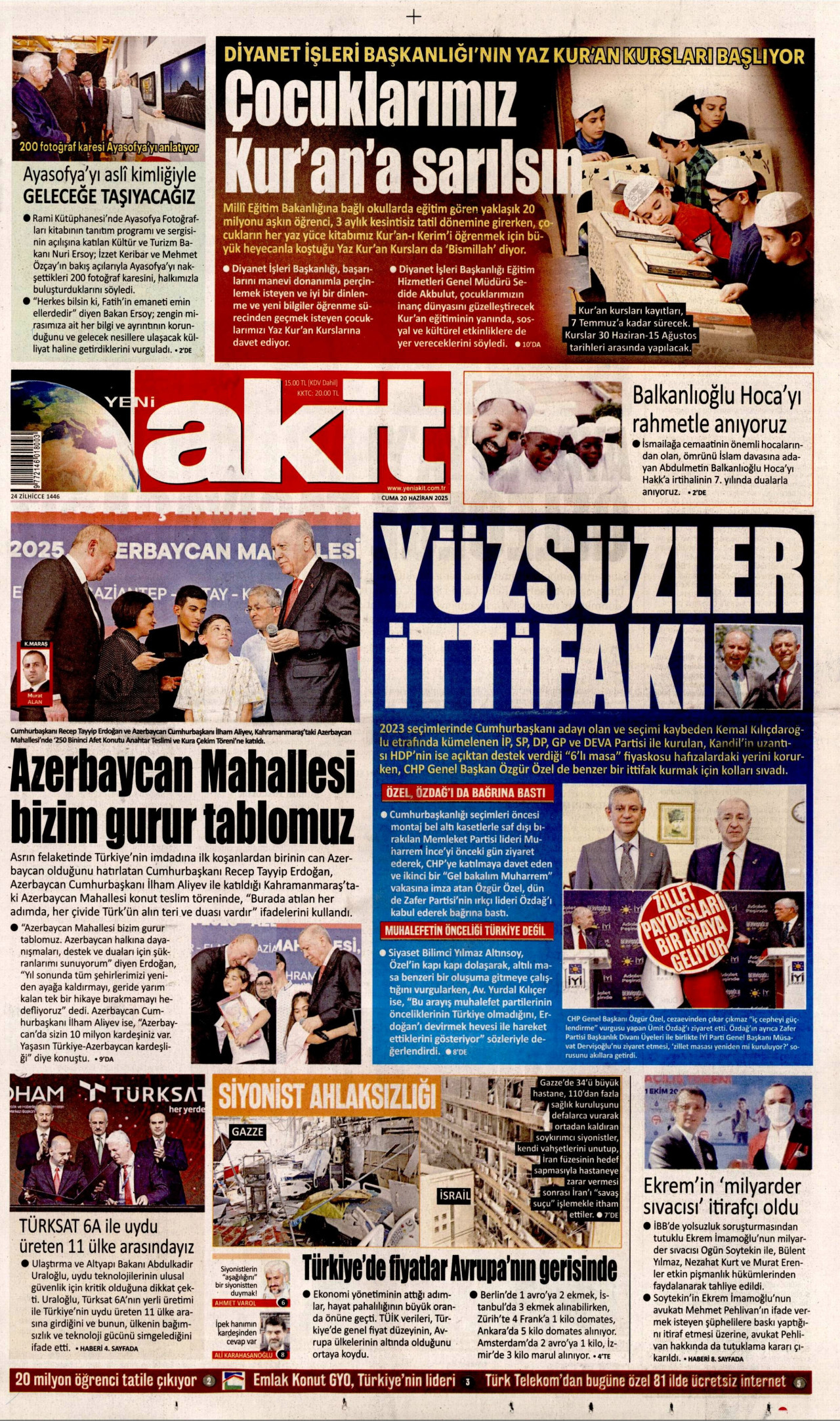 YENİ AKİT gazetesinin 20 Haziran 2025 tarihli birinci sayfası