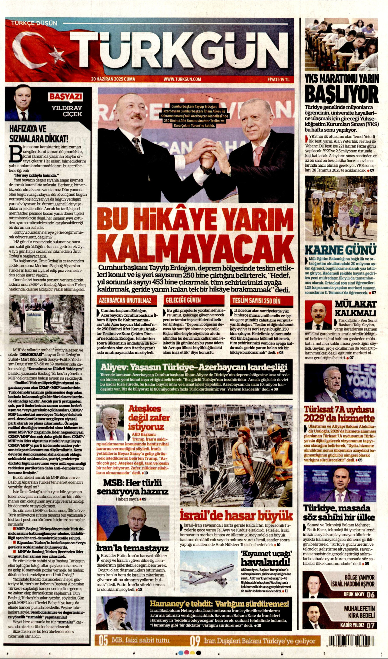 TÜRKGÜN gazetesinin 20 Haziran 2025 tarihli birinci sayfası