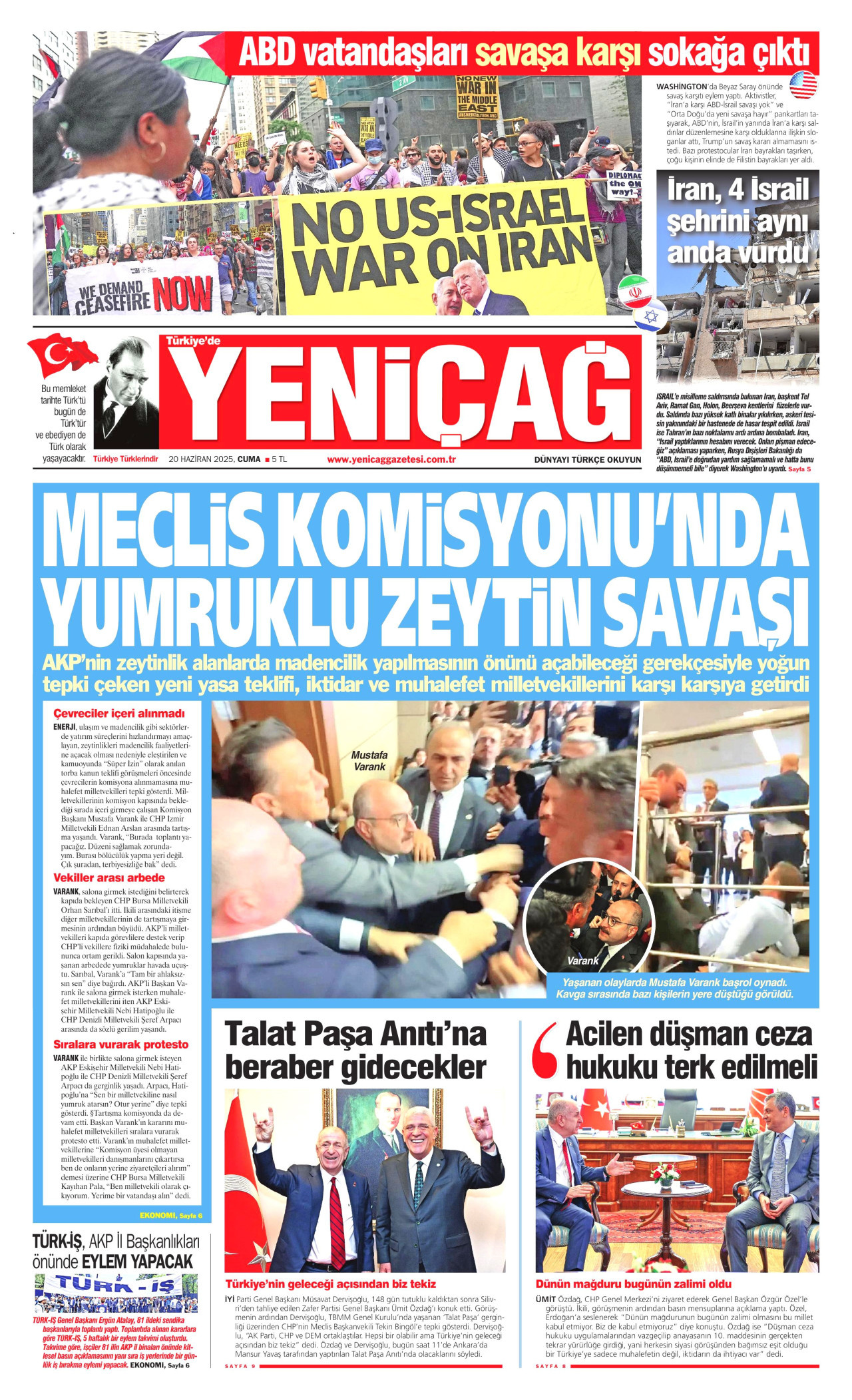 YENİÇAĞ gazetesinin 20 Haziran 2025 tarihli birinci sayfası