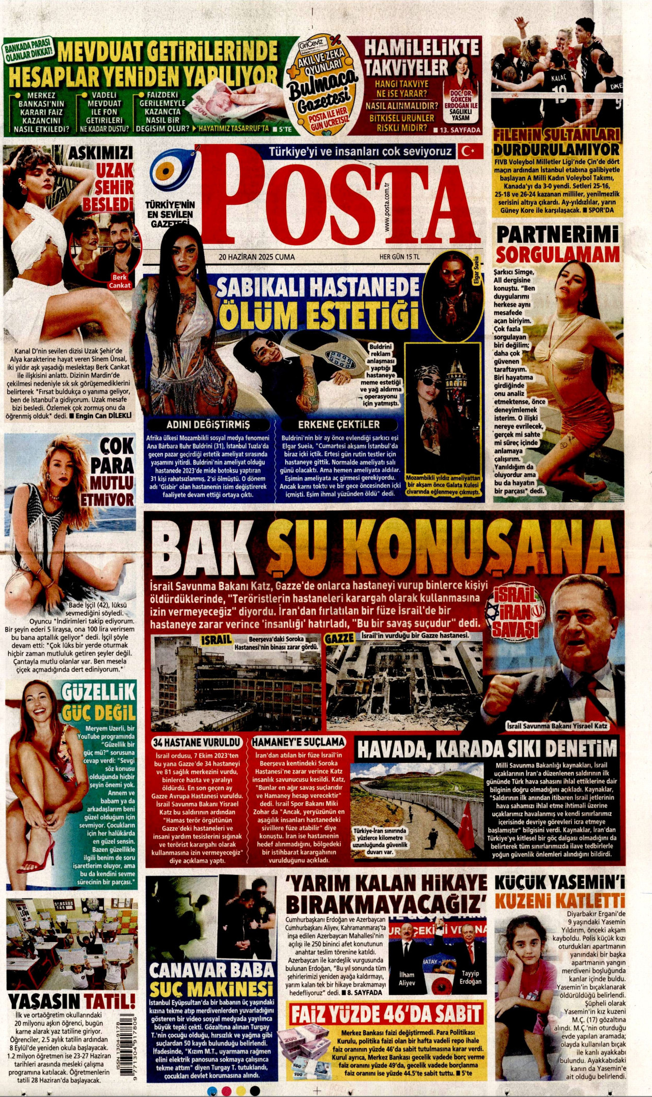 POSTA gazetesinin 20 Haziran 2025 tarihli birinci sayfası
