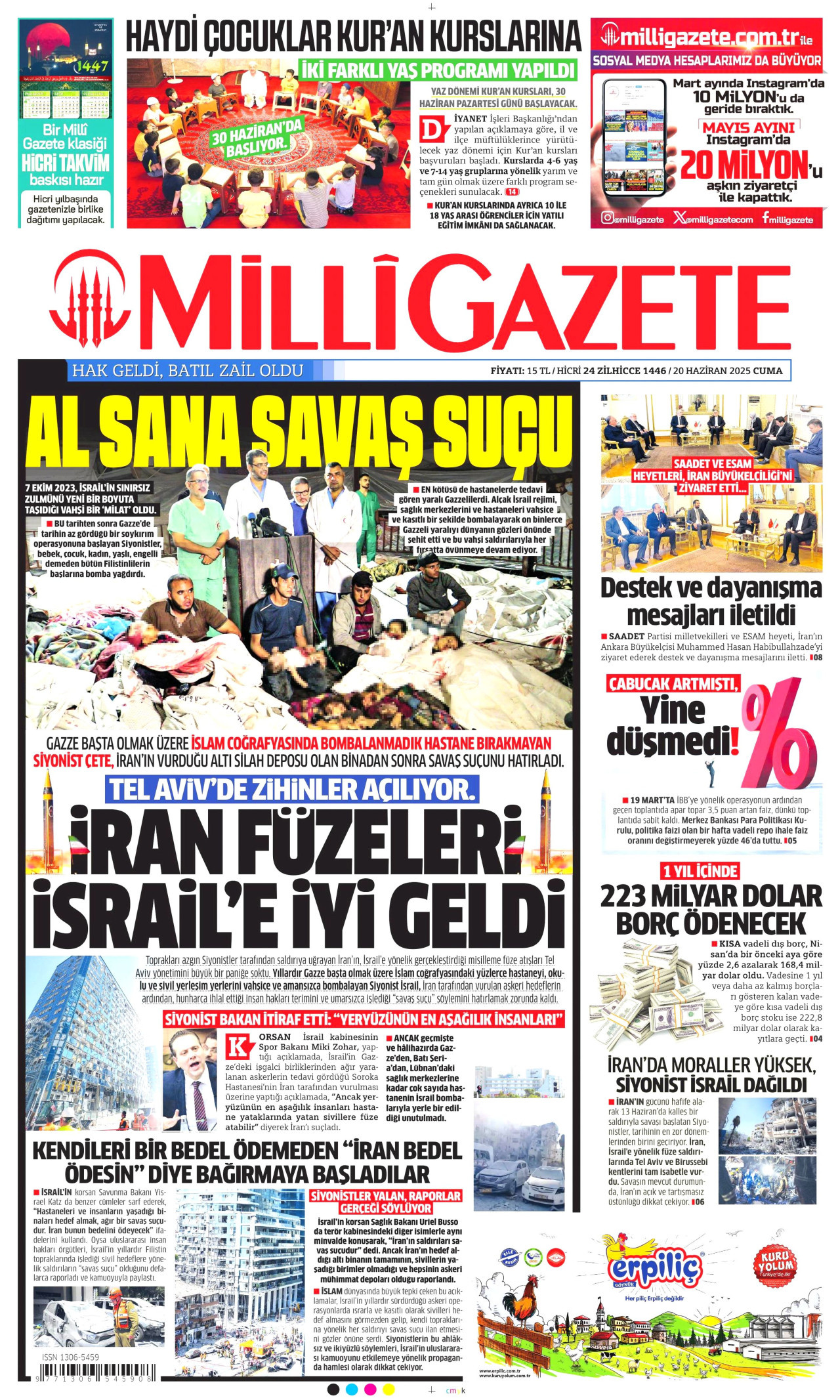 MİLLİ GAZETE gazetesinin 20 Haziran 2025 tarihli birinci sayfası