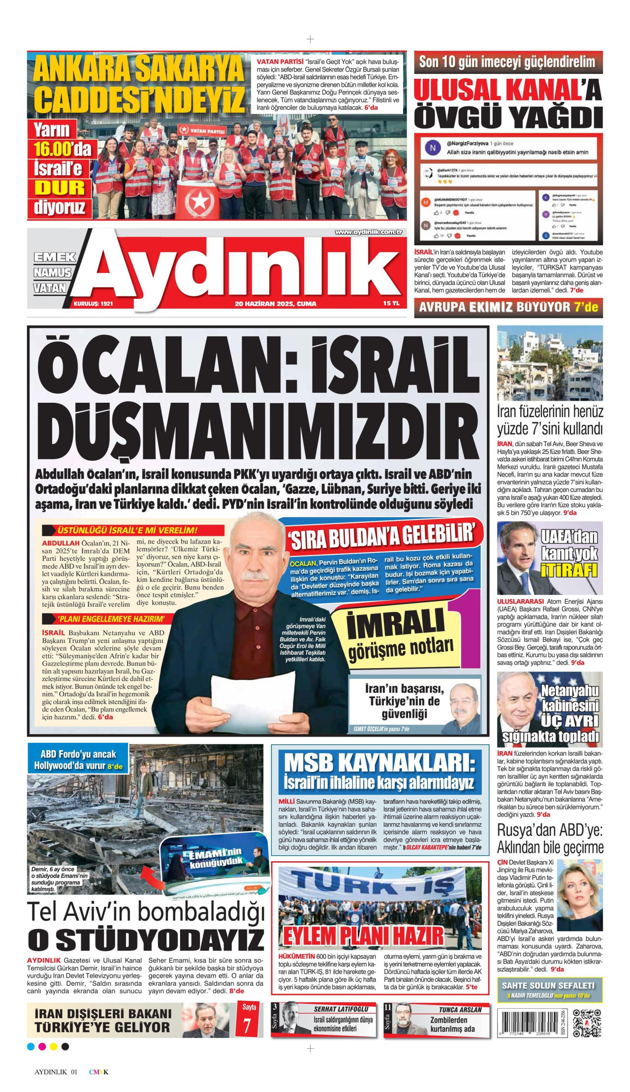 AYDINLIK GAZETESİ gazetesinin 20 Haziran 2025 tarihli birinci sayfası