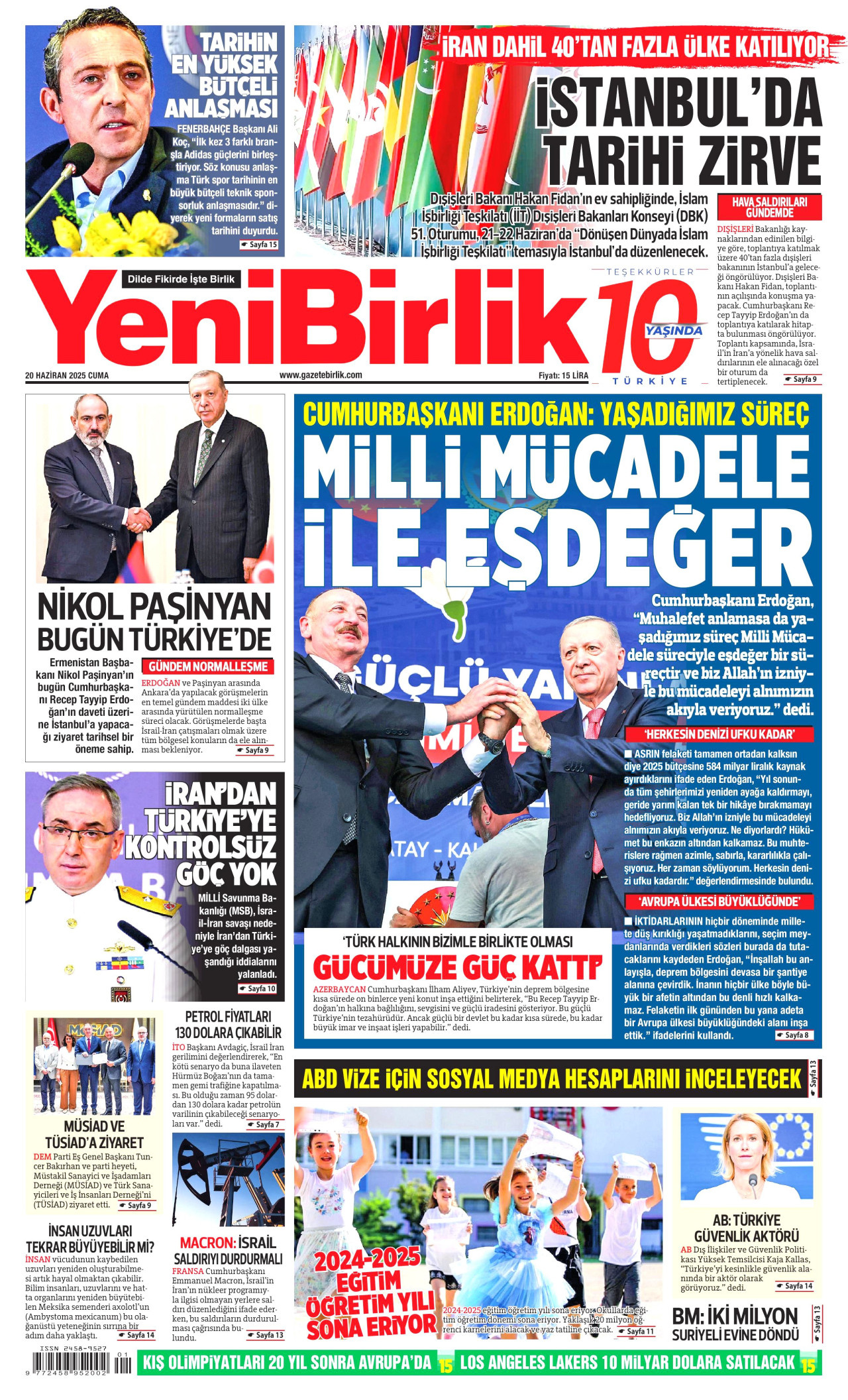 YENİBİRLİK gazetesinin 20 Haziran 2025 tarihli birinci sayfası