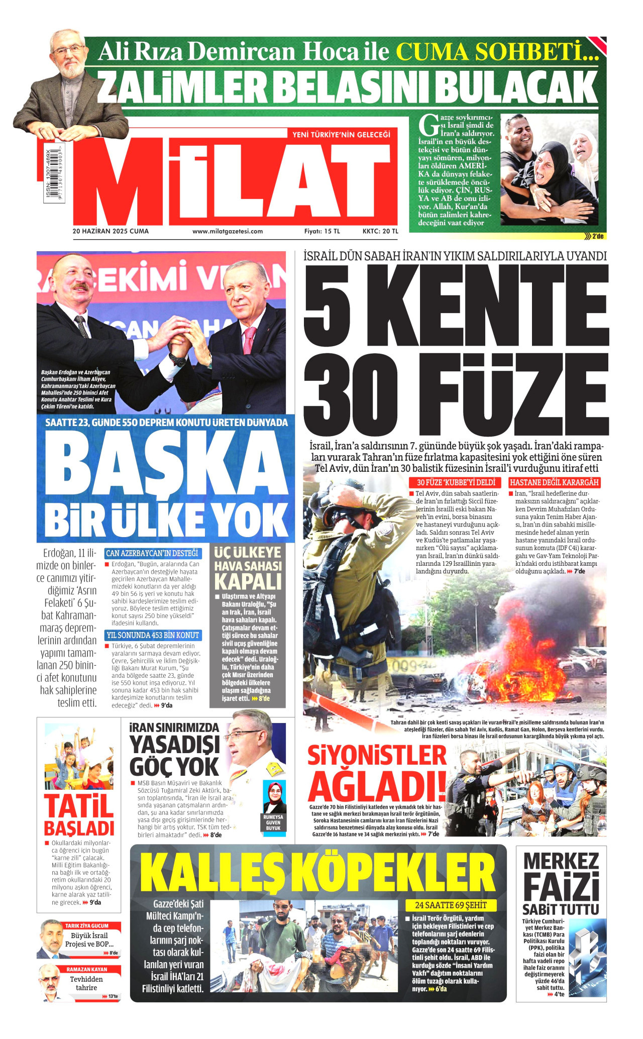 MİLAT gazetesinin 20 Haziran 2025 tarihli birinci sayfası