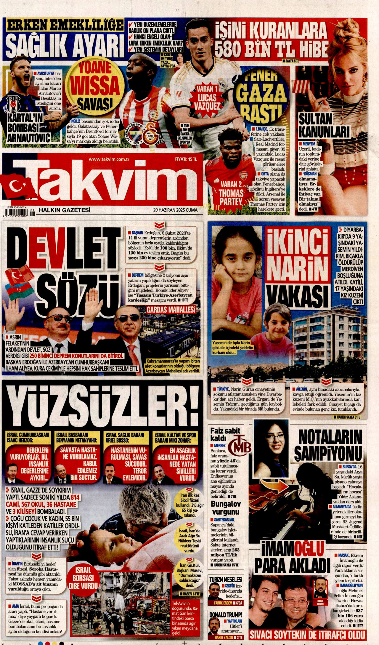 TAKVİM gazetesinin 20 Haziran 2025 tarihli birinci sayfası