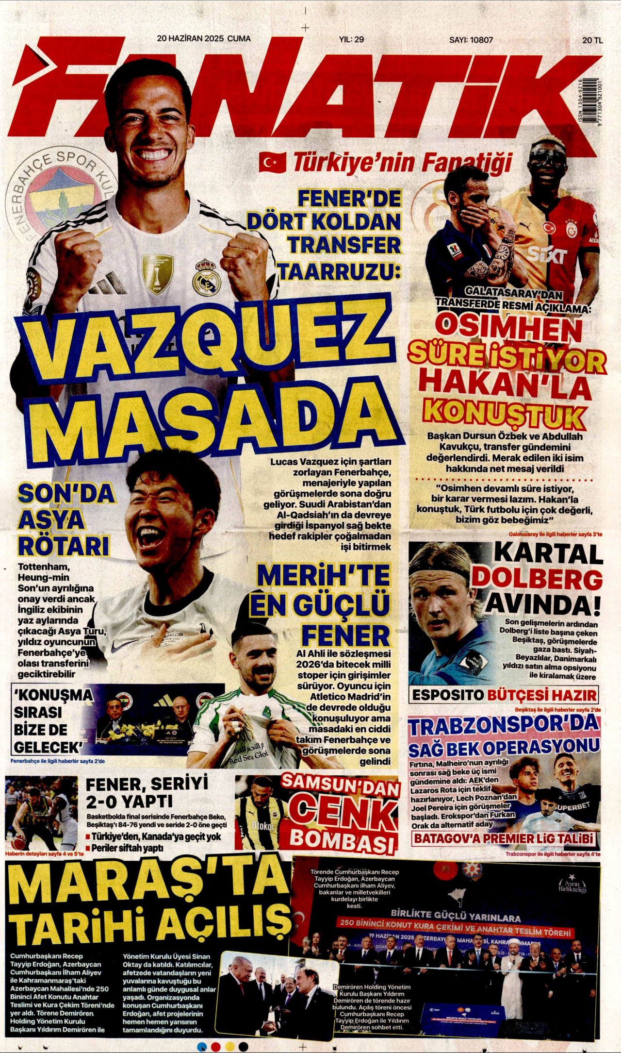 FANATİK gazetesinin 20 Haziran 2025 tarihli birinci sayfası