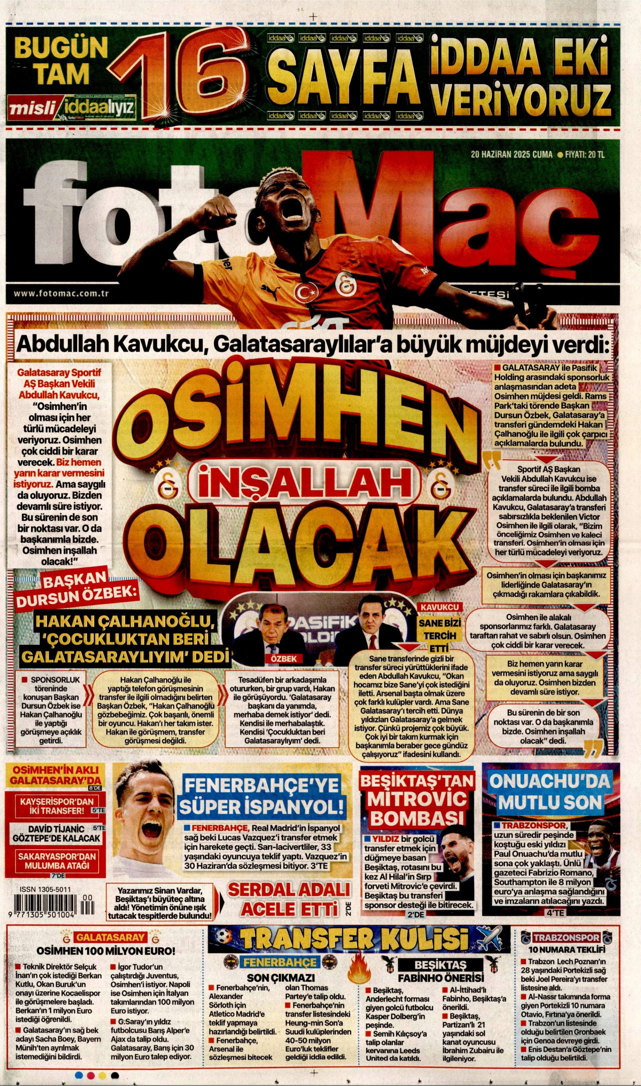 FOTOMAÇ gazetesinin 20 Haziran 2025 tarihli birinci sayfası