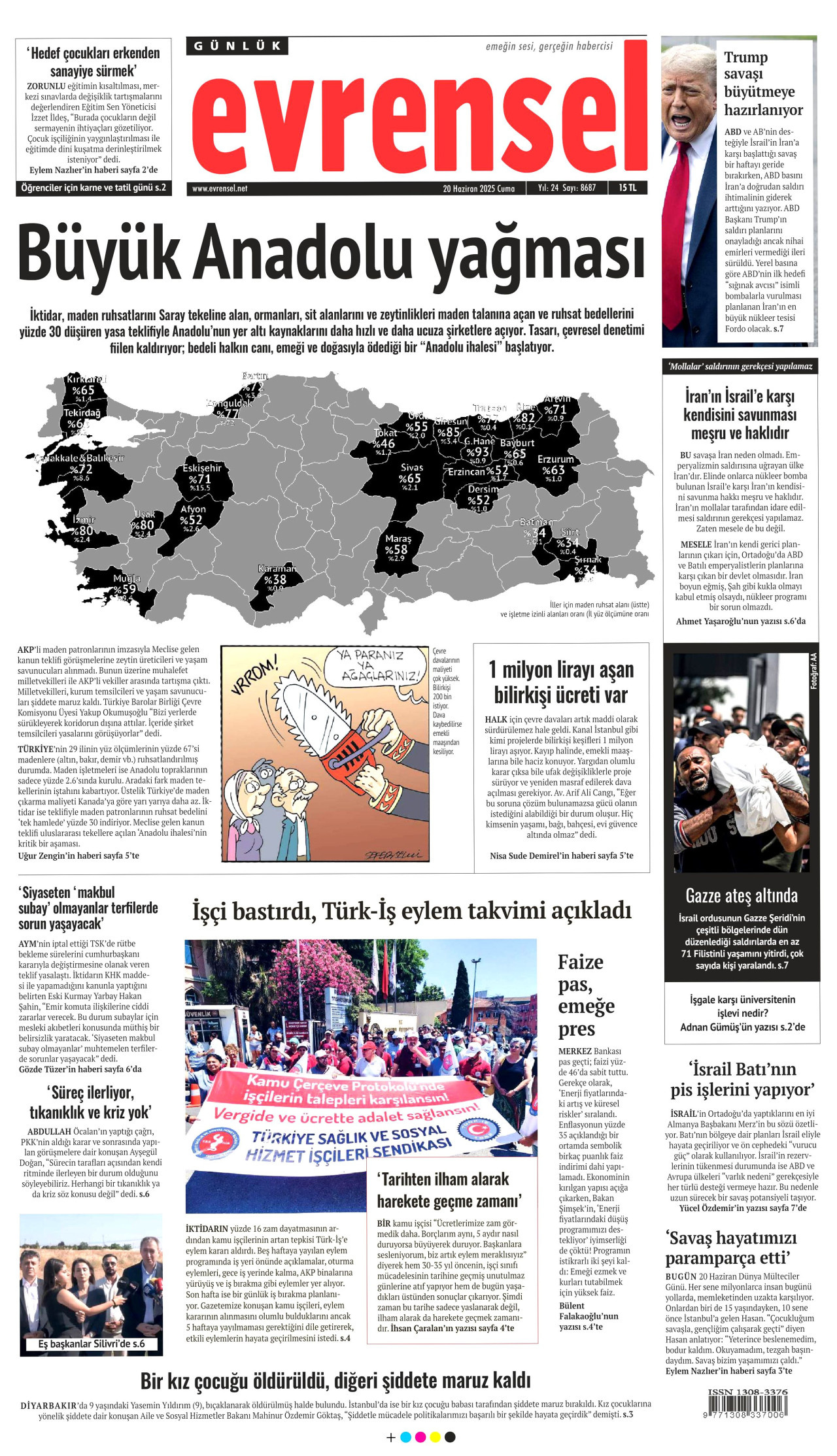 EVRENSEL gazetesinin 20 Haziran 2025 tarihli birinci sayfası