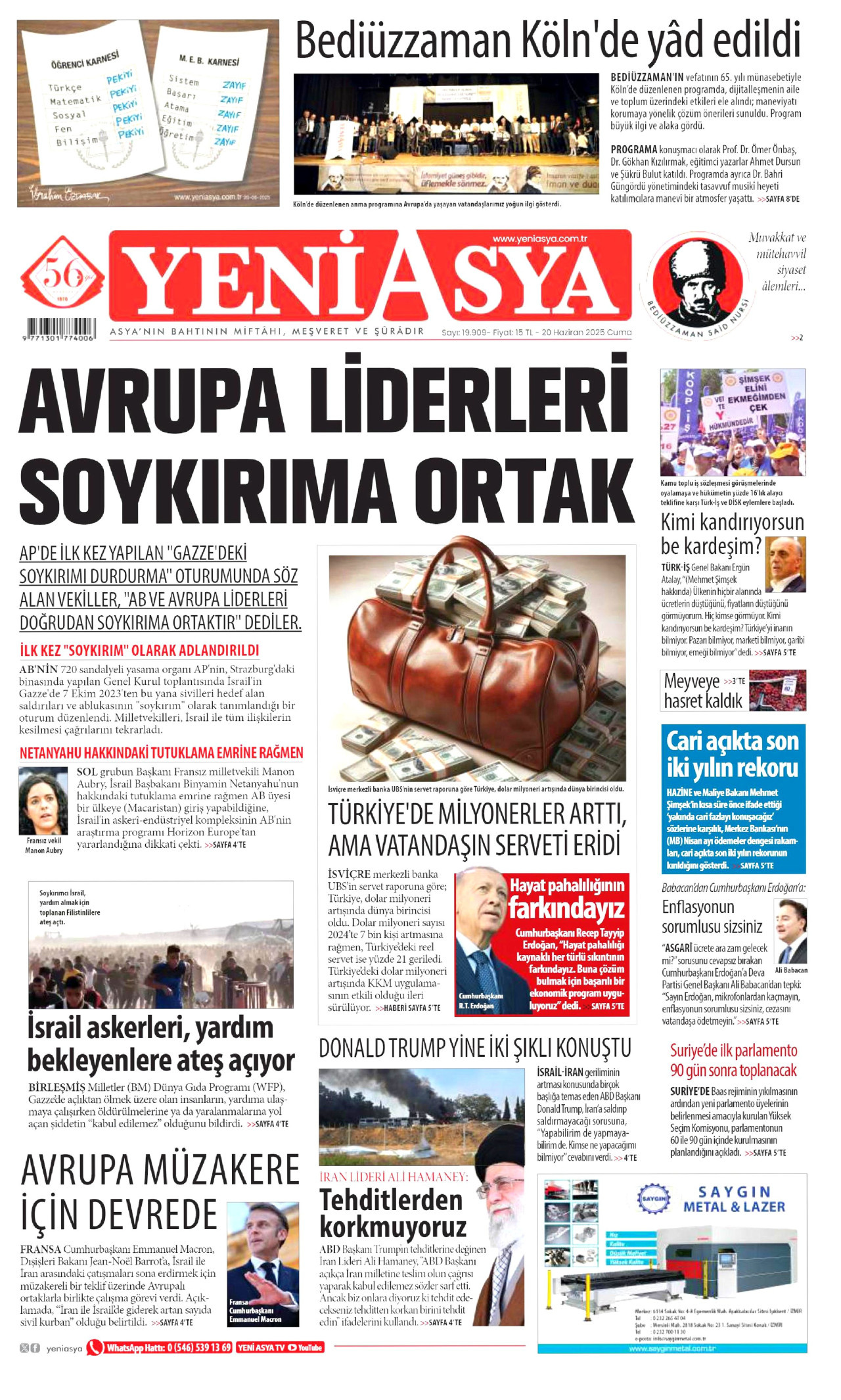 YENİ ASYA gazetesinin 20 Haziran 2025 tarihli birinci sayfası