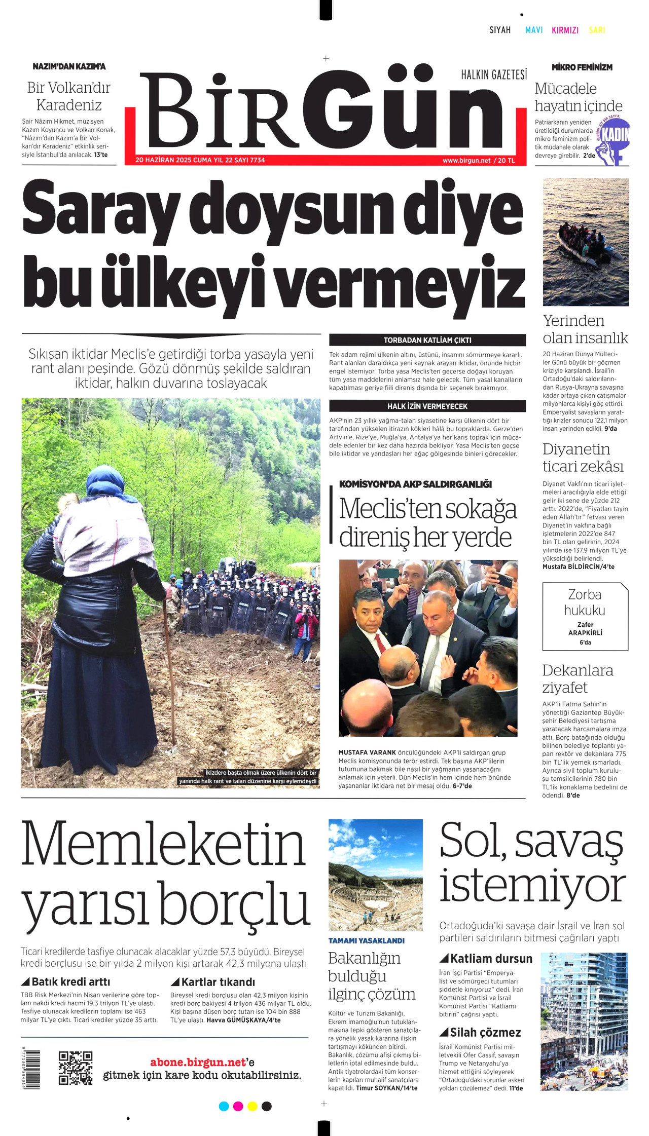 BİRGÜN gazetesinin 20 Haziran 2025 tarihli birinci sayfası