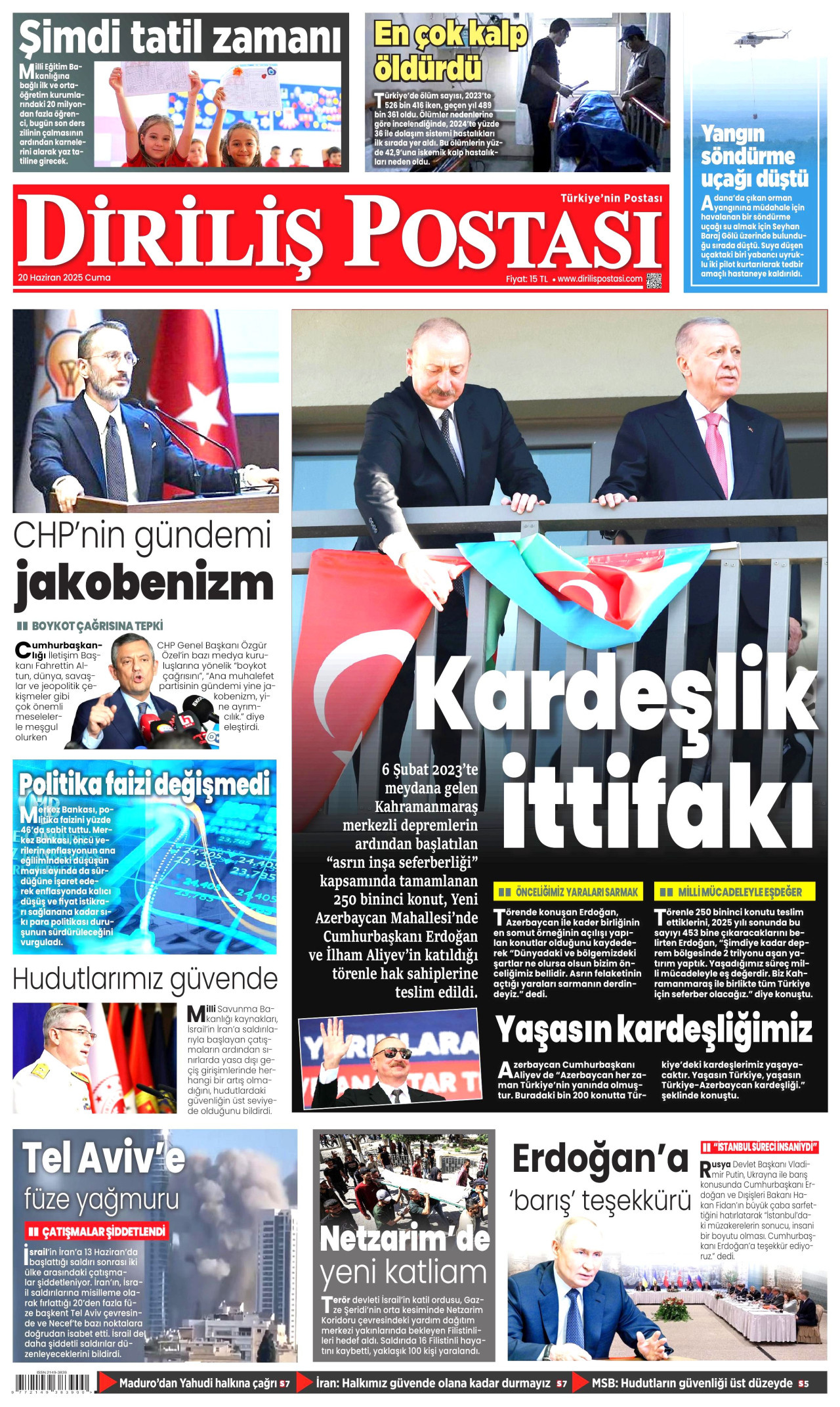 DİRİLİŞ POSTASI gazetesinin 20 Haziran 2025 tarihli birinci sayfası
