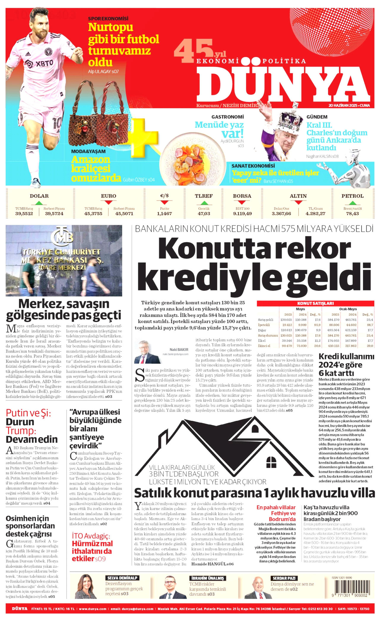 DÜNYA gazetesinin 20 Haziran 2025 tarihli birinci sayfası