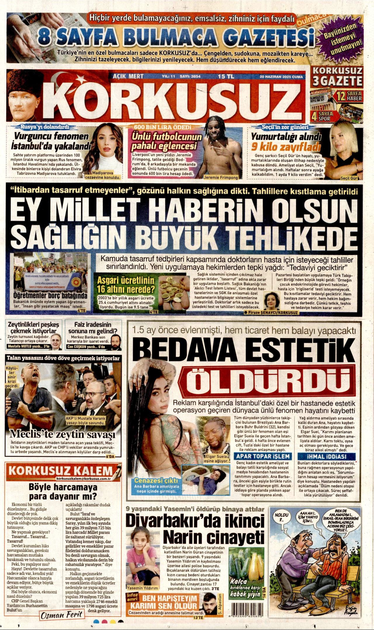 KORKUSUZ gazetesinin 20 Haziran 2025 tarihli birinci sayfası