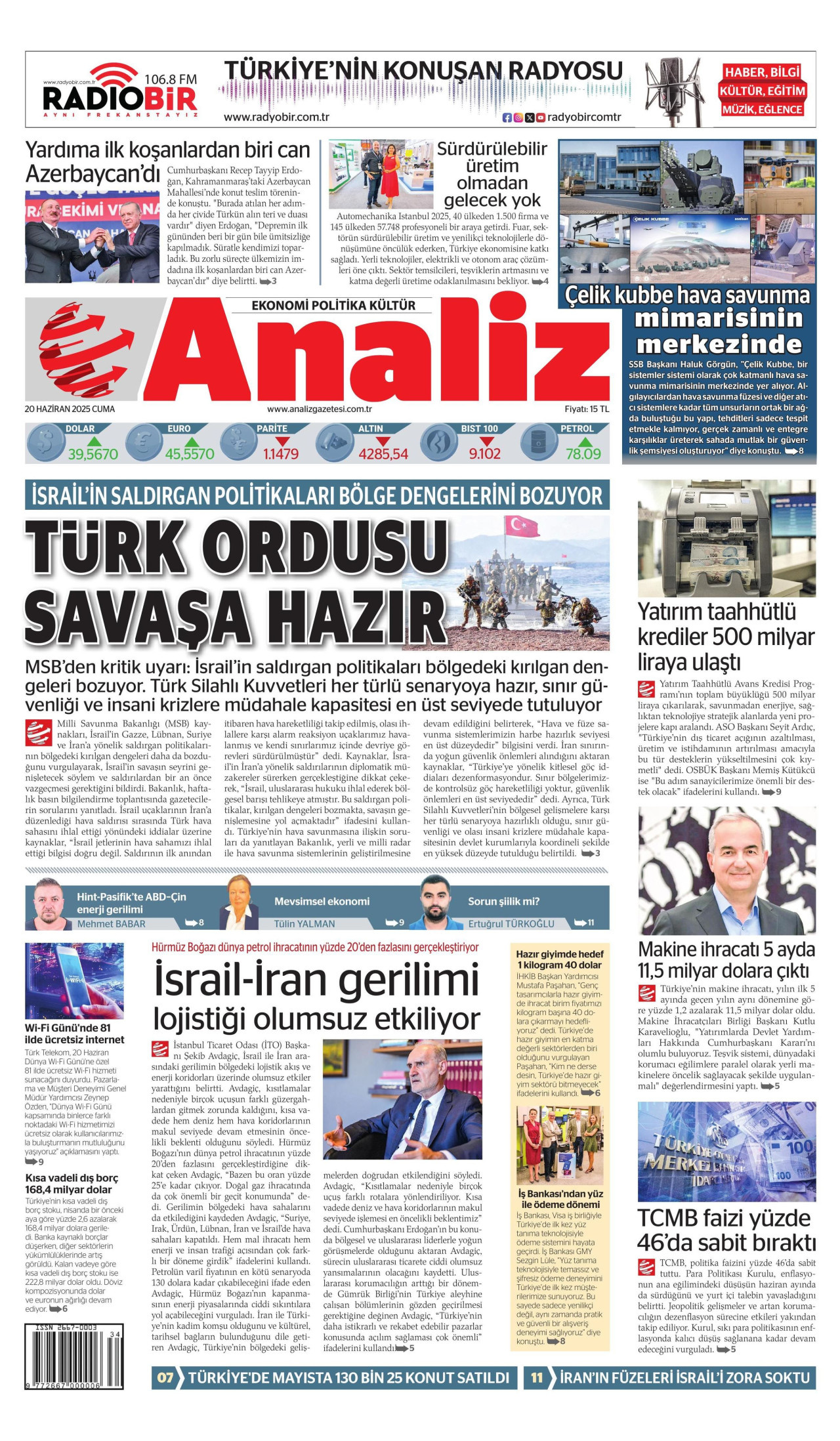 ANALİZ gazetesinin 20 Haziran 2025 tarihli birinci sayfası