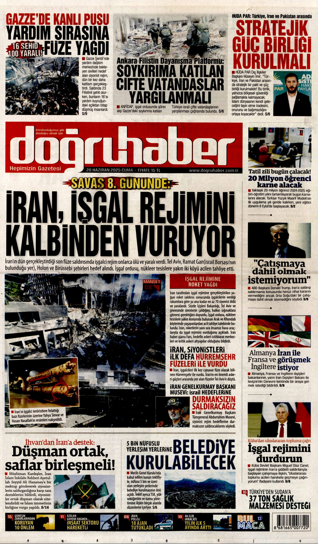 DOĞRU HABER gazetesinin 20 Haziran 2025 tarihli birinci sayfası