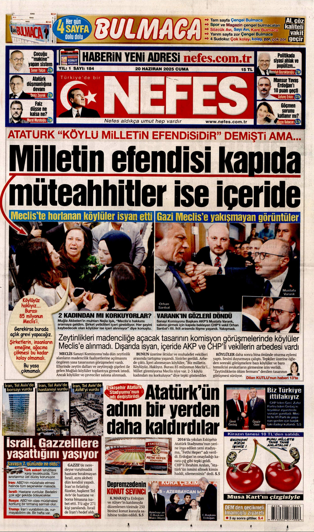 NEFES gazetesinin 20 Haziran 2025 tarihli birinci sayfası